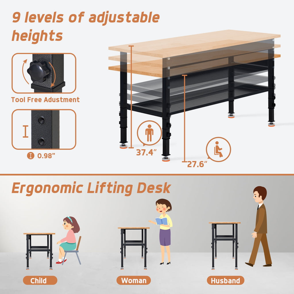 NETAJE 60 Heavy-Duty Work Bench Adjustable Workbench Work Table 2000 lb Load Capacity w/ Power Outlets for Garage, Workshop, Workstation