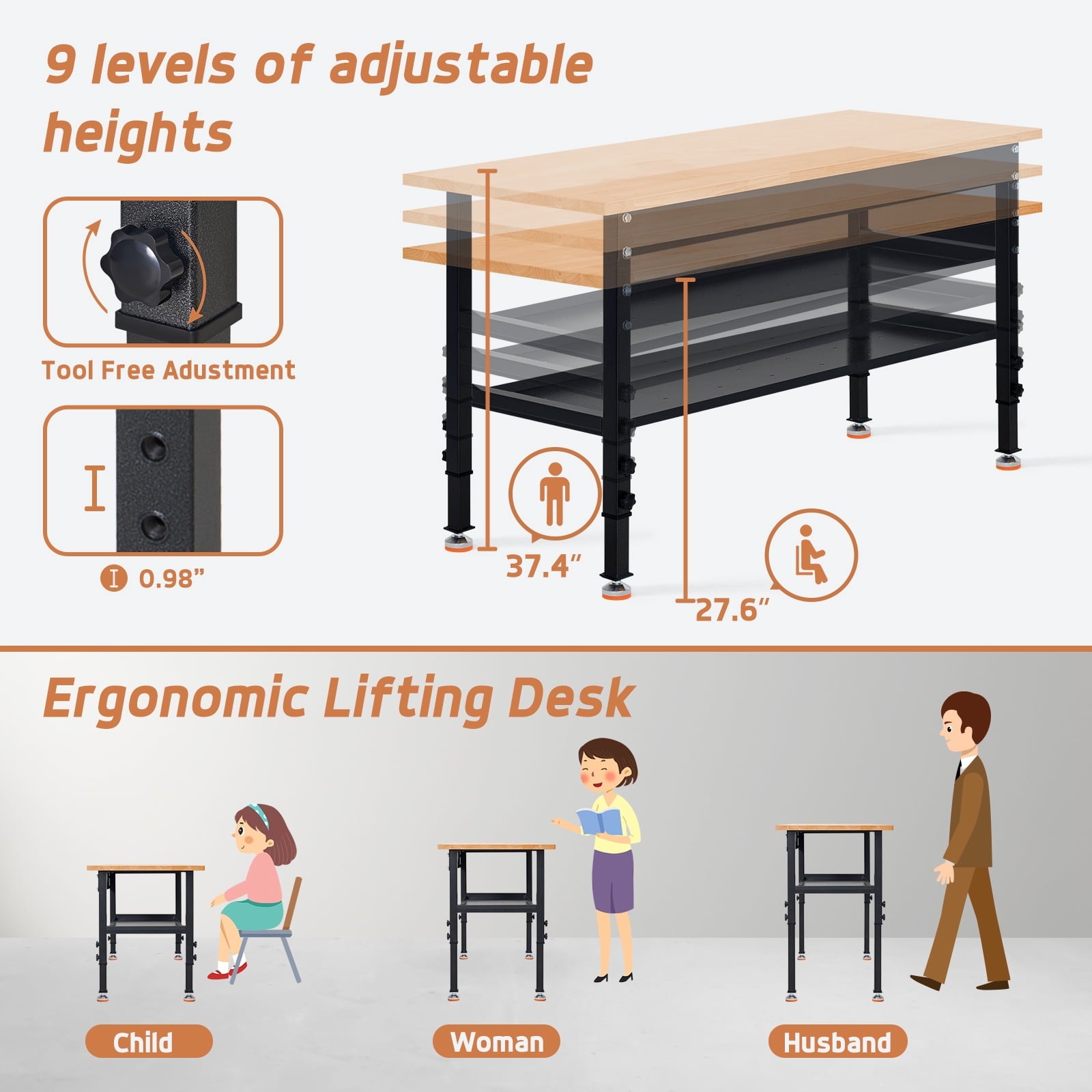 NETAJE 60 Heavy-Duty Work Bench Adjustable Workbench Work Table 2000 lb Load Capacity w/ Power Outlets for Garage, Workshop, Workstation