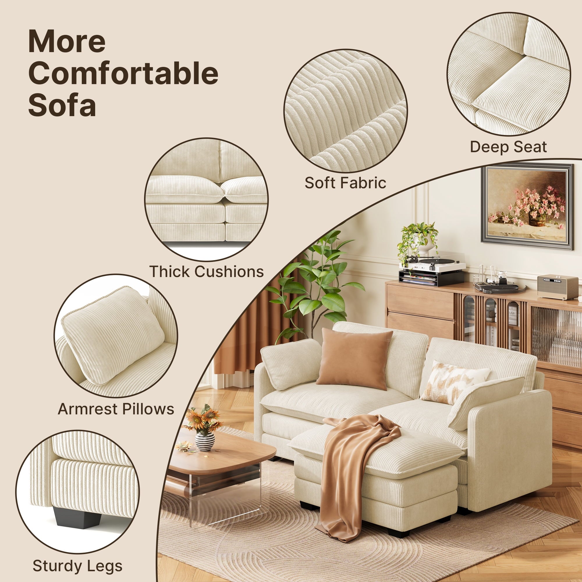 75’’ Cloud Couches for Living Room, Noelse L Shaped Modular Sofa with Deep Seats, 2 Seater Love Seat Couch with Removable Washable Corduroy Fabric for Living Room Bedroom and Apartment, Gray
