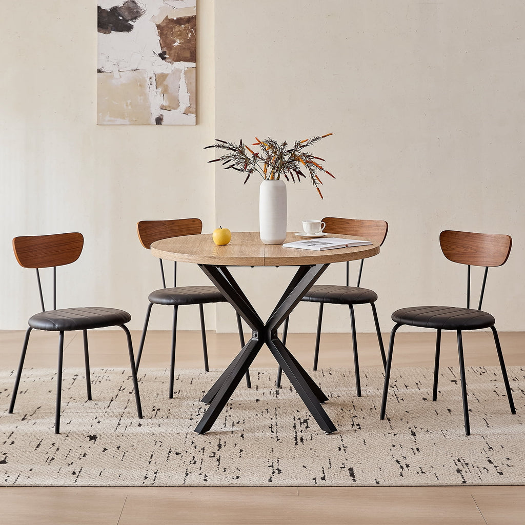 5 Piece 39 Round Dining Table Set for 4, Mid Century Kitchen Table with 4 Khaki Fabric Upholstered Dining Chairs for Apartment Living Room, Space Saving Table.