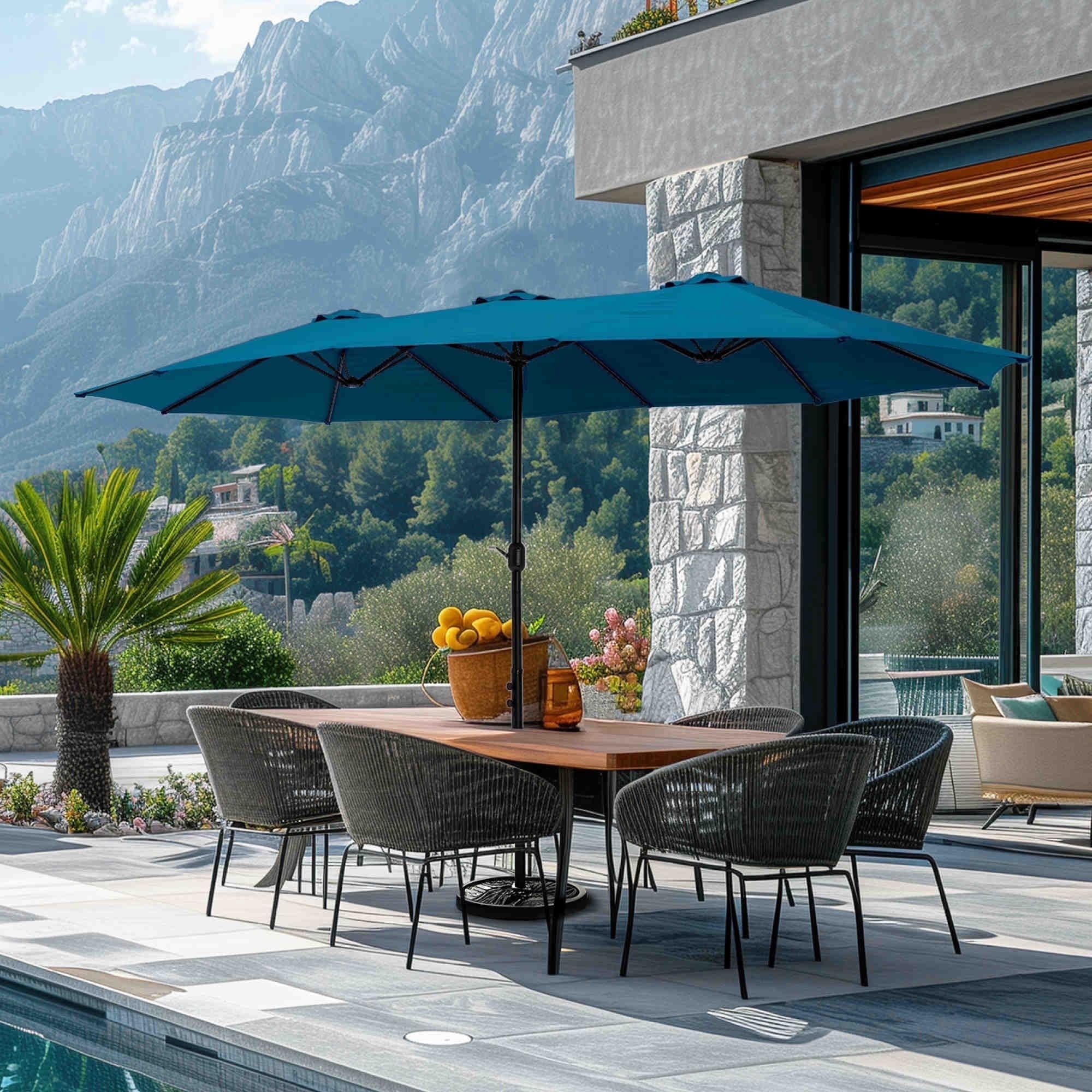 SUMMIT LIVING 15 ft Large Patio Umbrella with Base (Included) Double-Sided Rectangular Outdoor Deck Umbrella for Outside - Beige
