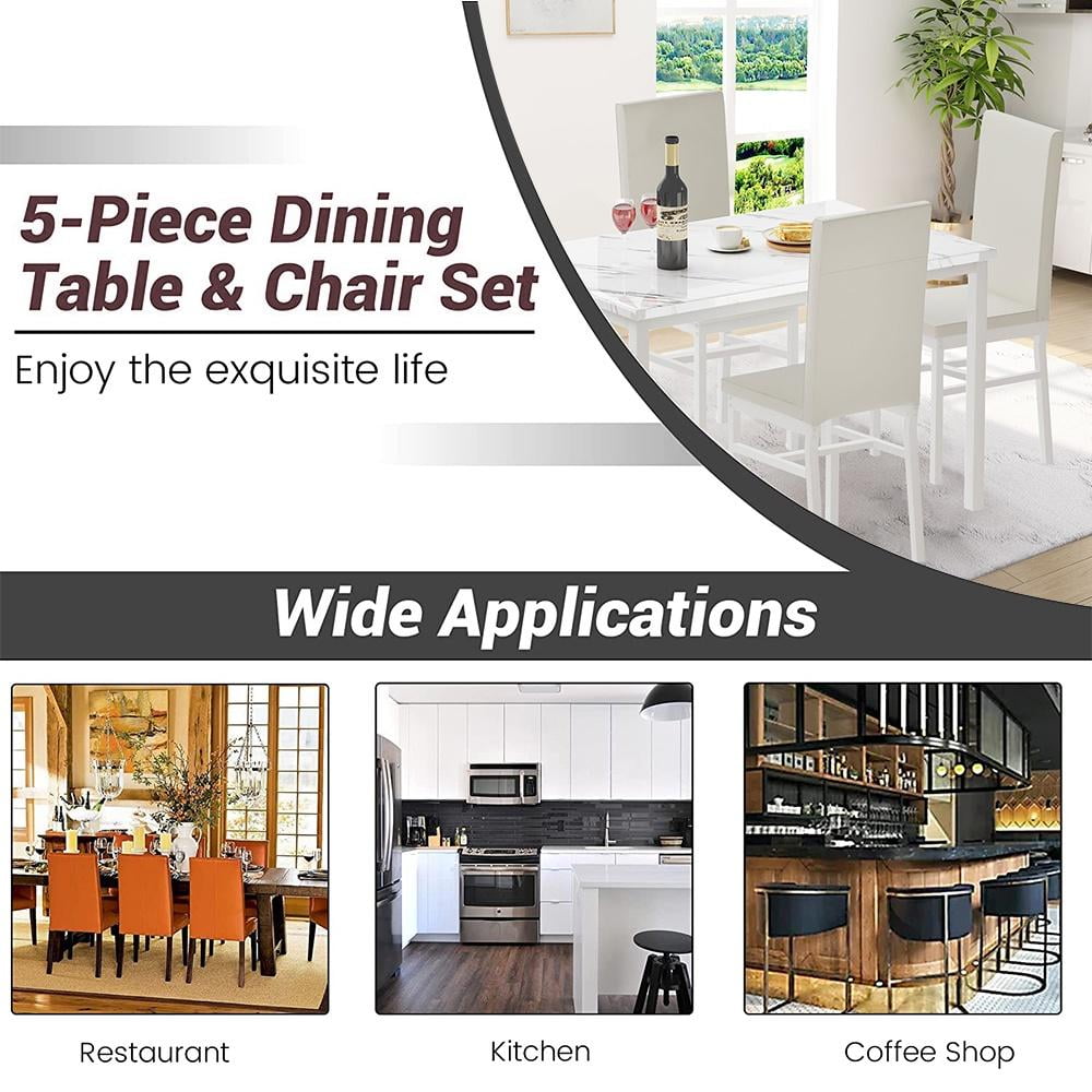 5 Piece Dining Table Set, Modern Faux Marble Tabletop and 4 PU Leather Upholstered Chairs, Rectangle Kitchen Table and Chairs for 4 Persons, Small Dining Set for Bar Dining Room Breakfast Nook