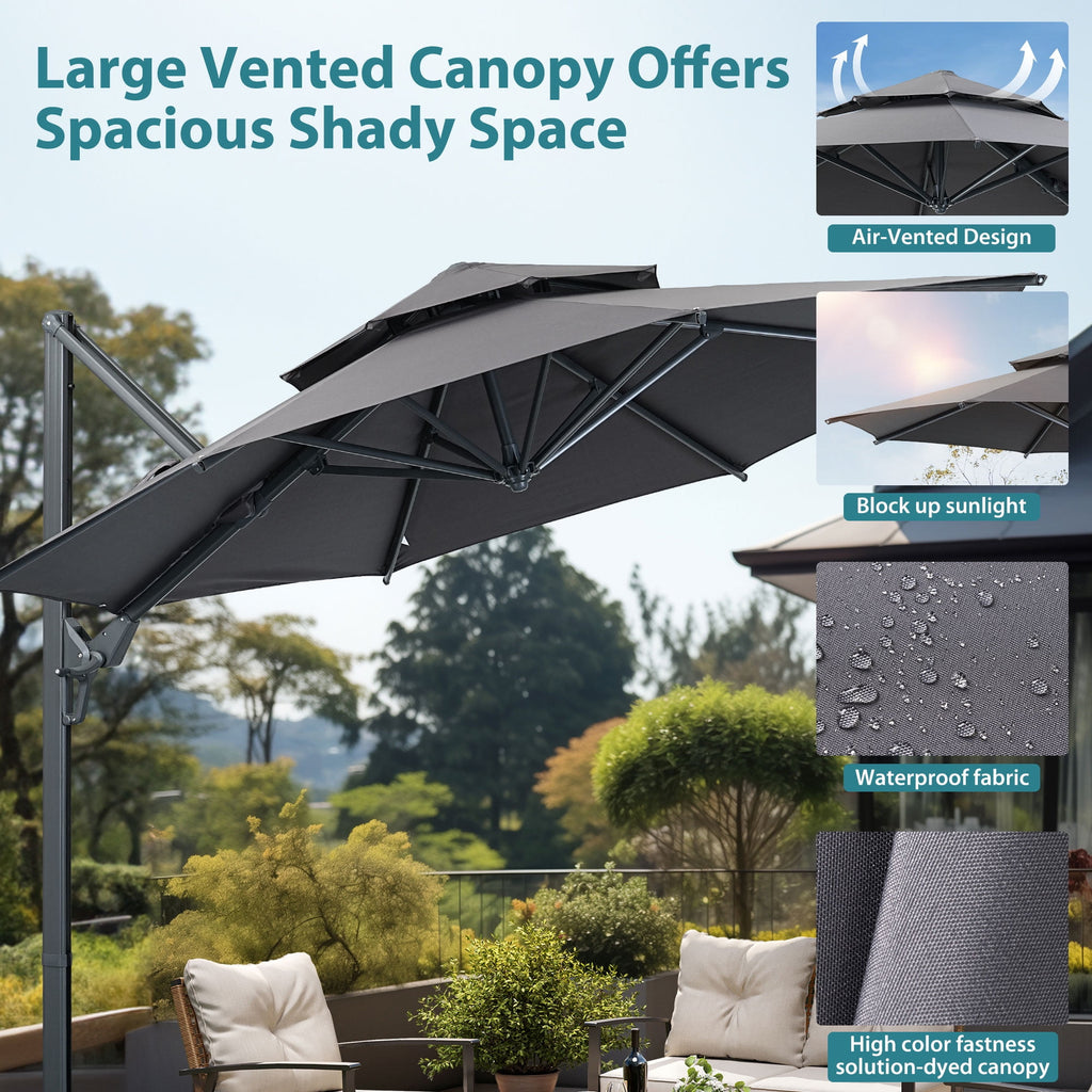 Ainfox 10ft Double Top Heavy-Duty Patio Cantilever Umbrella with lights and Cross Base, Outdoor Large Offset Hanging Aluminum Rotation Sun Shade Solar Umbrella with 360°Rotation Adjustable,Khaki