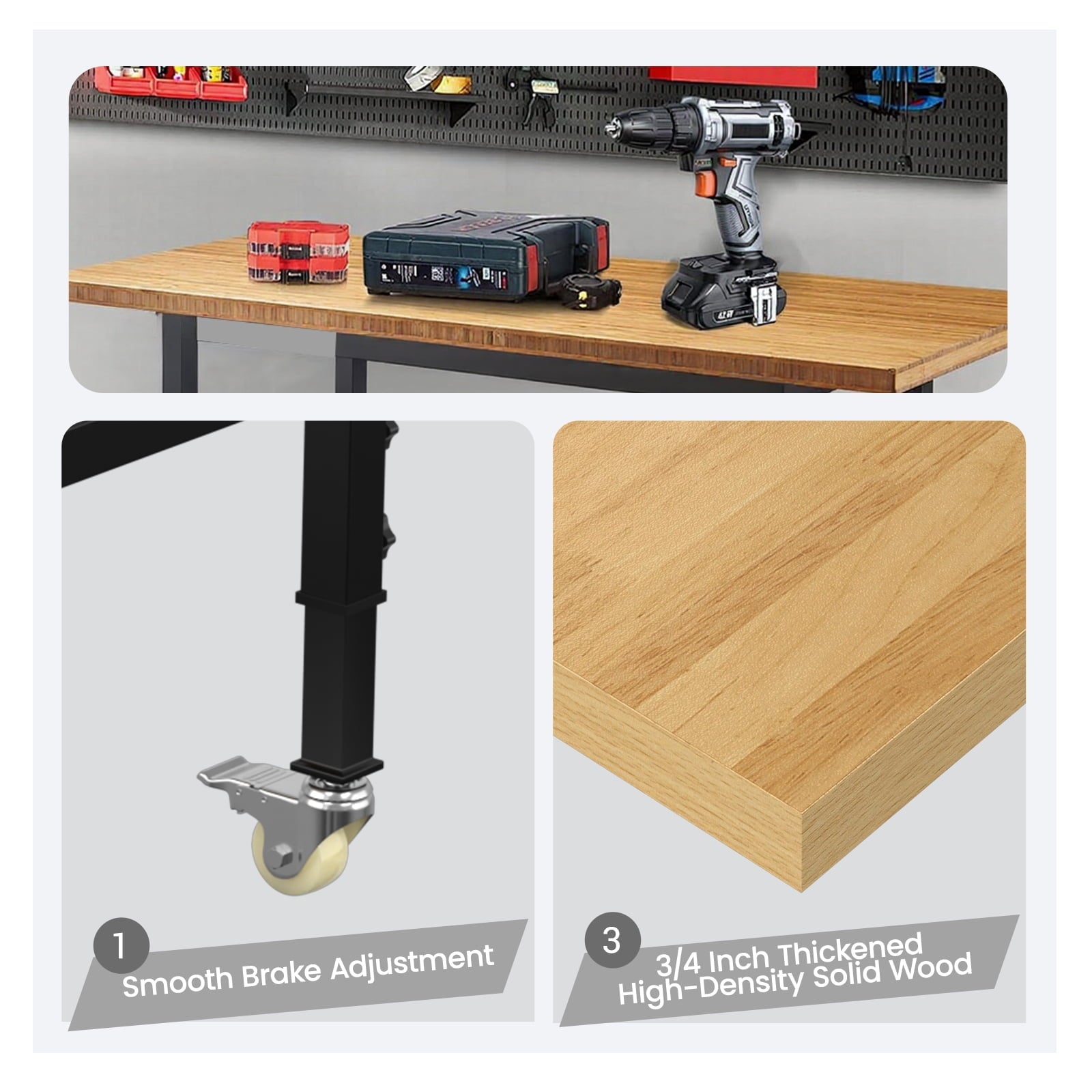 60 Adjustable Workbench,Heavy-Duty Work Table,3000 LBS Load Capacity Hardwood Workstation Outlets with Power strips and Wheels,for Workshop, Garage