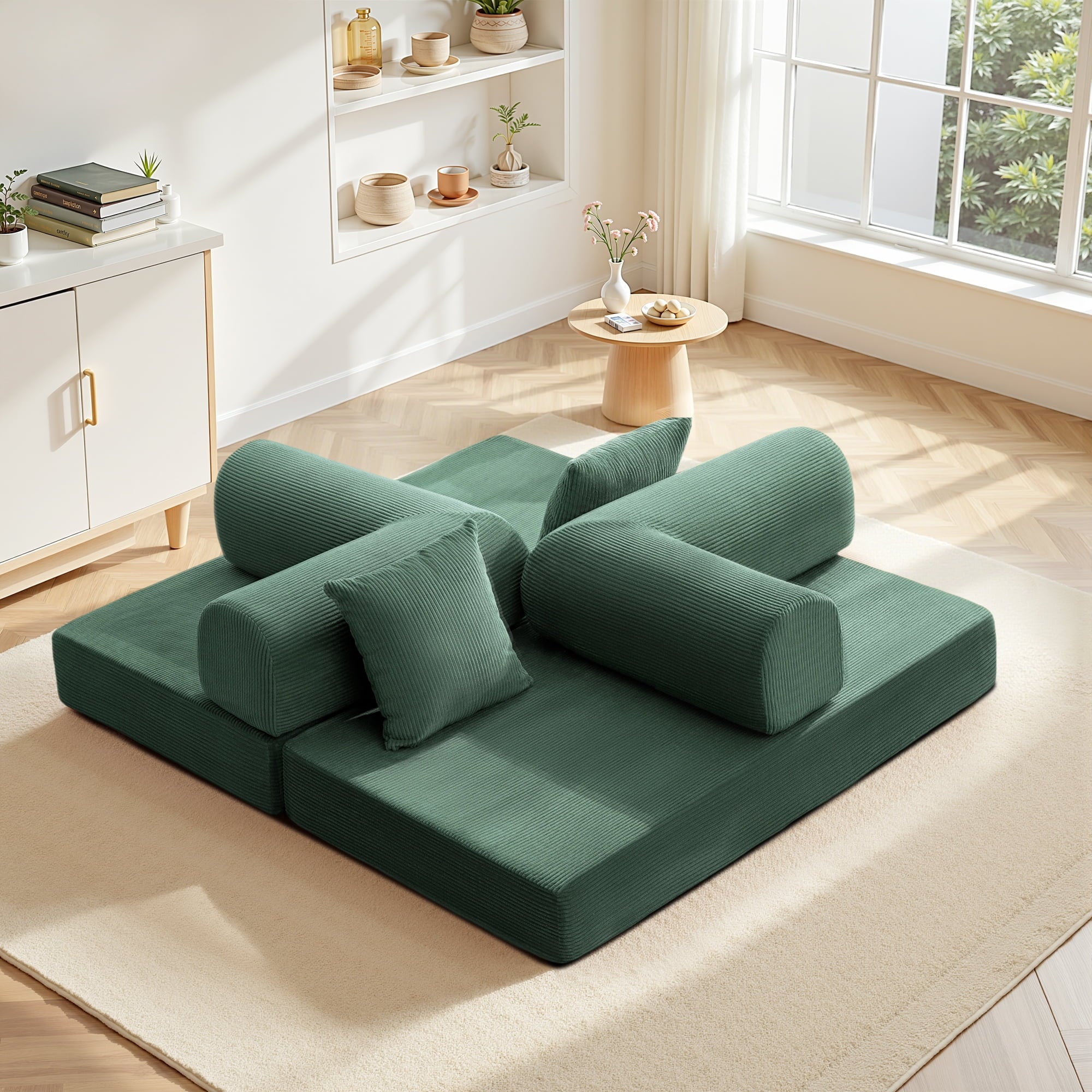 COOLHUT 63 W Combination Sofa, High Rebound Density Foam Sofa Couch, Two Forms Floor Couch Three Seats Sofa Bed for Living Room, Bedroom, Green