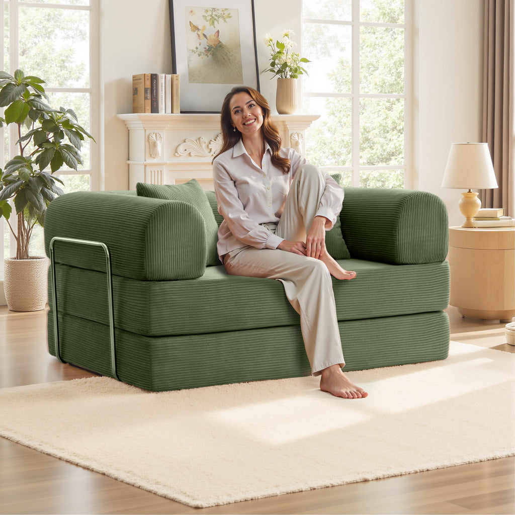 COOLHUT 63 W Combination Sofa, High Rebound Density Foam Sofa Couch, Two Forms Floor Couch Three Seats Sofa Bed for Living Room, Bedroom, Green
