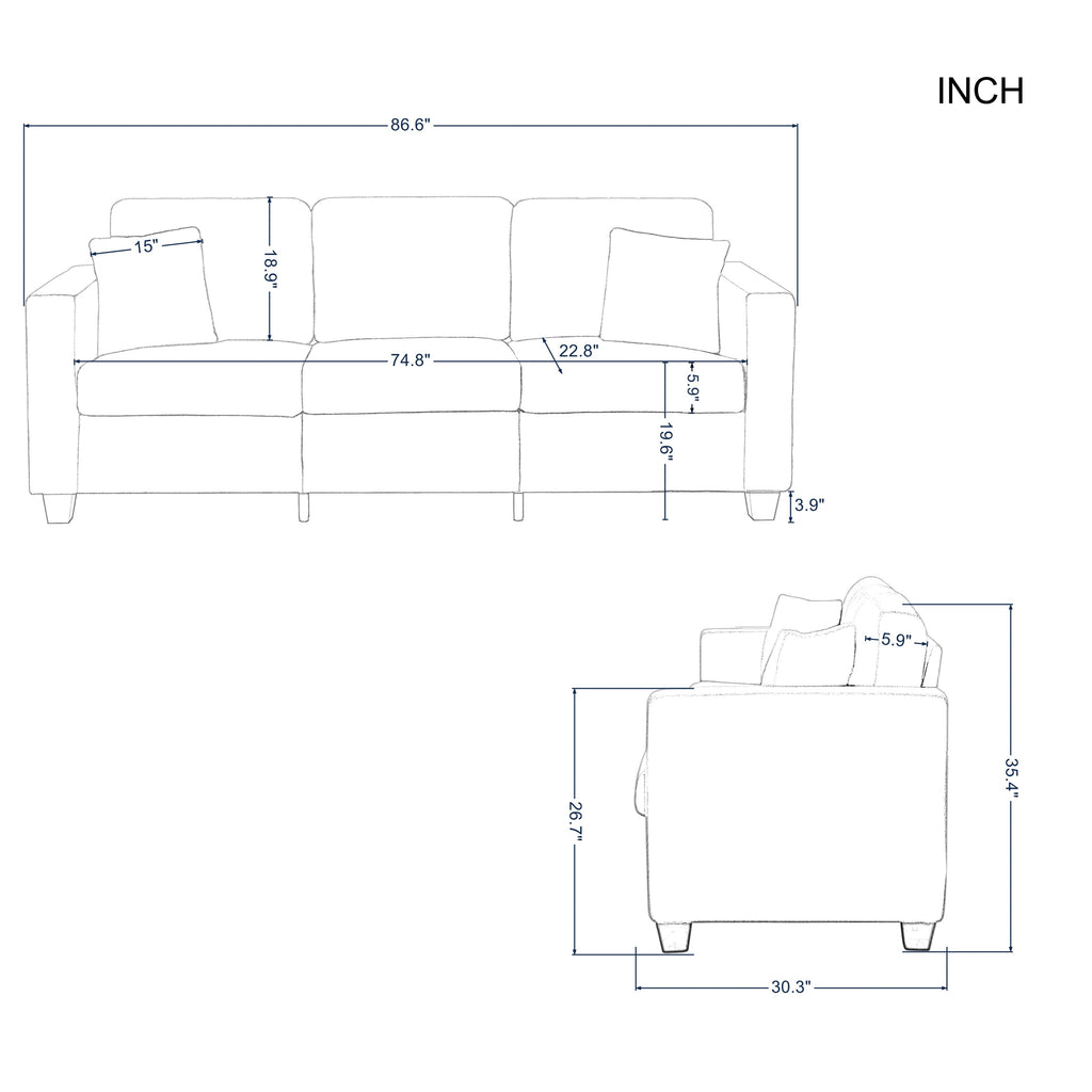 Gewnee 86.6 Modern Sofa Couch,Teddy Velvet 3 Seaters Comfy Couch with Deep Seat for Living Room,2 Pillows,Beige