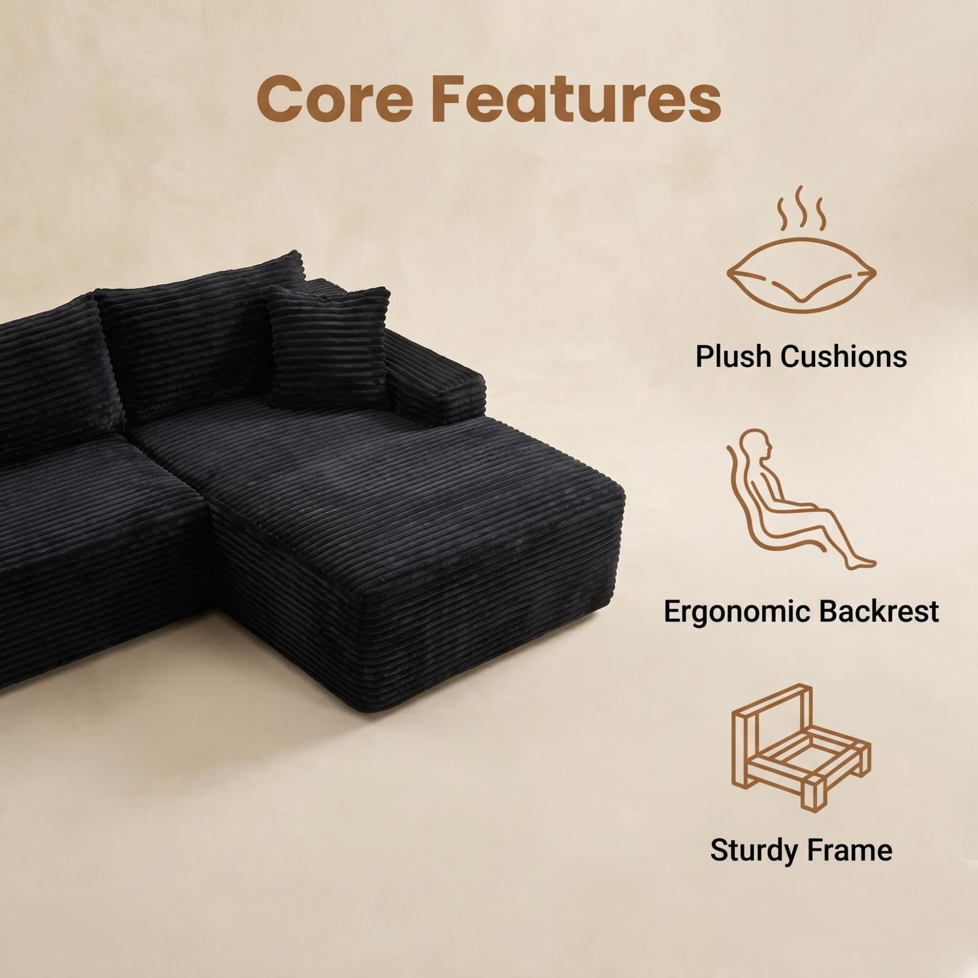 LLappuil 108 Sectional Sofa, Modular Sectional Couch with Left Chaise, Deep Seat Corduroy Cloud Sofa for Living Room Black