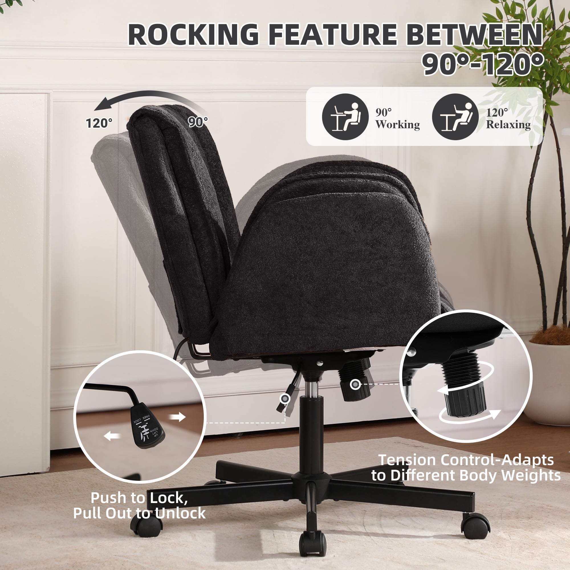 Cross Legged Office Chair with Wheels & Dynamic Airbag Lumbar Support, Criss Cross Wide Seat, 5-Position Fold-Down Armrests, Swivel Vanity Chair for Home Office, Dark Green