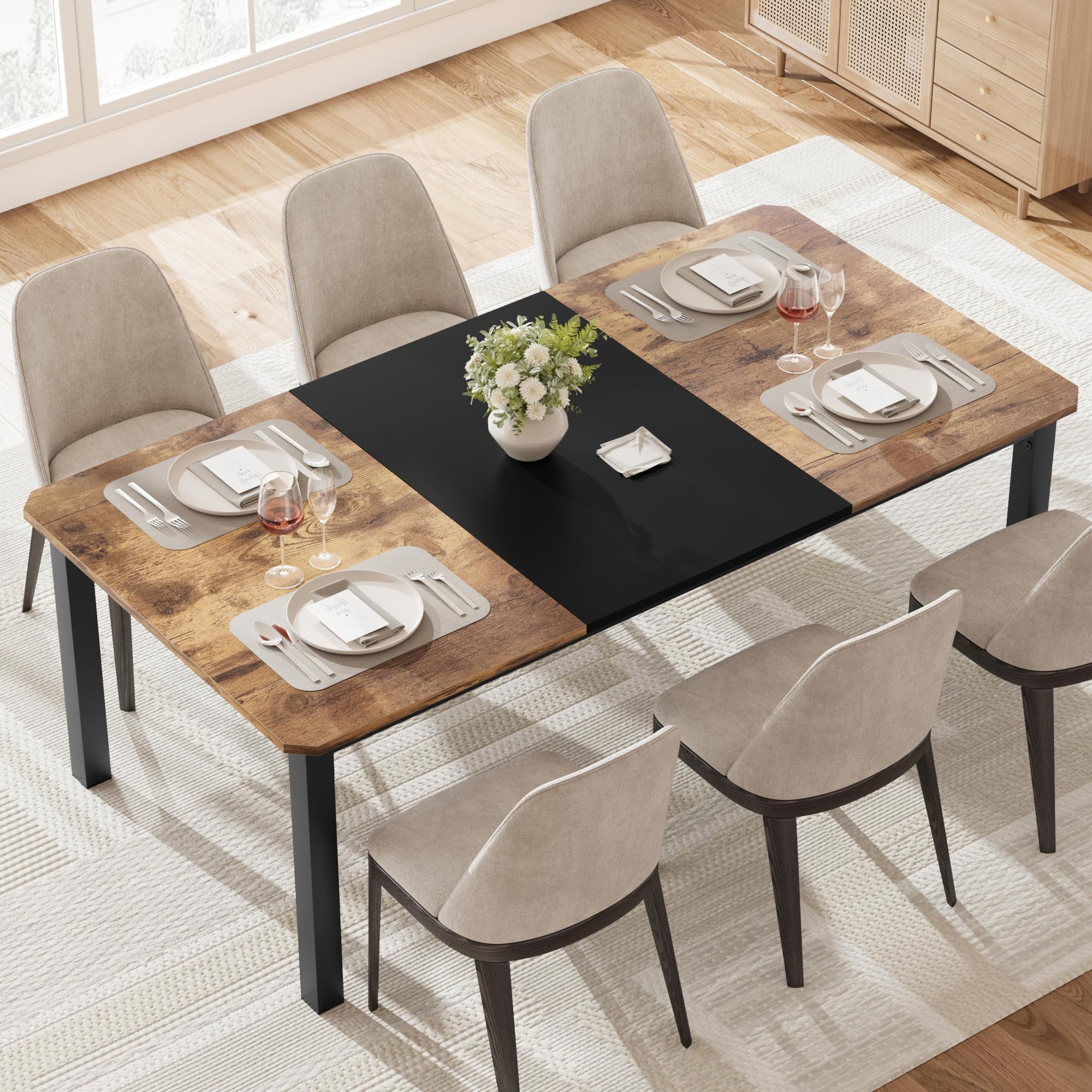 KOKEBREN 78.7 Inch Long Kitchen Table for 6-8, Dining Room Table for Kitchen Living Room, Large Rectangular Dinner Tables, Restaurant Tables with Sturdy Metal Frame(Only Table)-Black&Brown