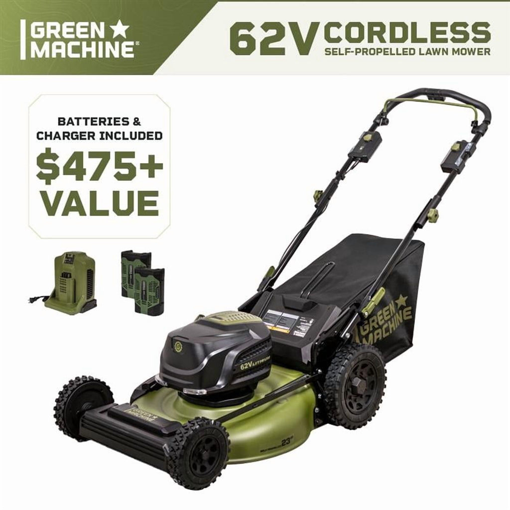 Green Machine 62V 23-Inch Self-Propelled Brushless Cordless Electric Lawn Mower, Includes Two 4.0Ah Batteries and Rapid Charger