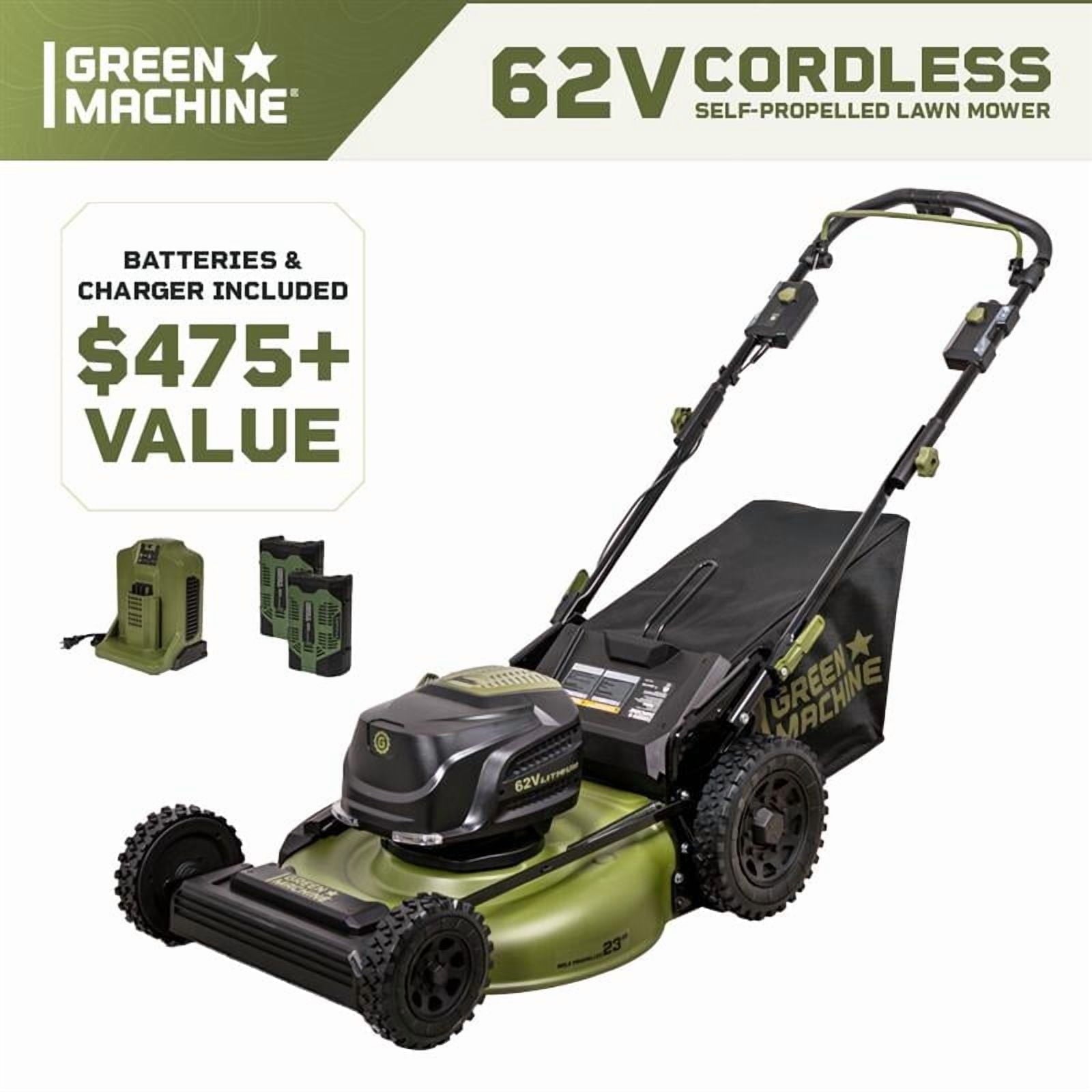 Green Machine 62V 23-Inch Self-Propelled Brushless Cordless Electric Lawn Mower, Includes Two 4.0Ah Batteries and Rapid Charger
