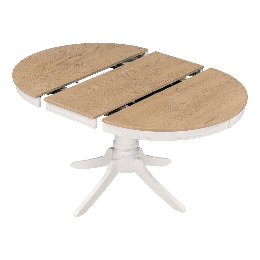 Harper & Bright Designs Farmhouse 5 Piece Kitchen Dining Table Set for 4, Solid Wood Extendable Round Dining Table Set and 4 Upholstered Chairs, Retro Dining Set for Kitchen, Natural Wood Wash