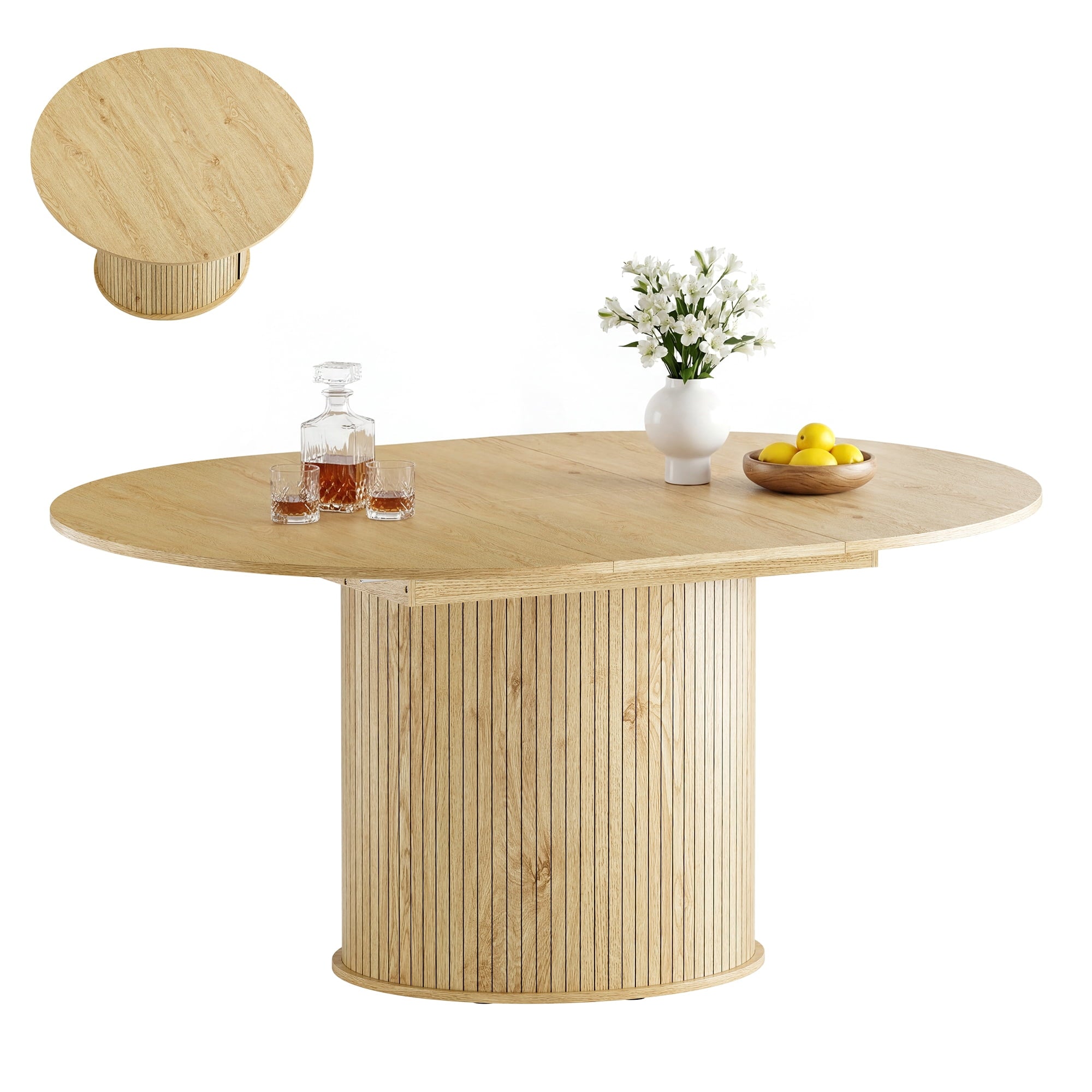 EOP 47″- 63″ Extendable Round Dining Table for 4-6, Wooden Kitchen Table with Hidden Storage and Fluted Sliding Door Cabinet, Modern Space-Saving Table for Dining Room Kitchen, Natural Wood