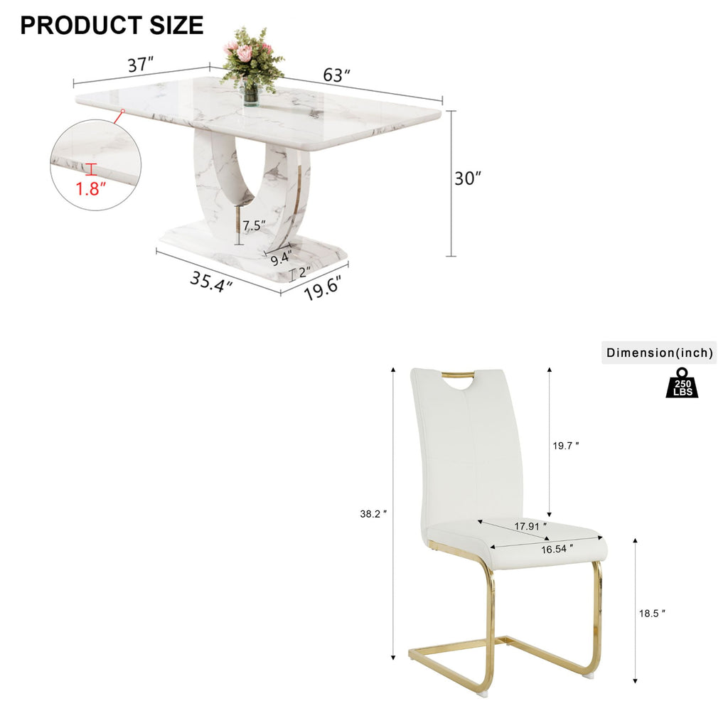 63 Modern White Rectangle Faux Marble Dining Table Room Sets for 4,Dining Table with 4 Velvet Dining Chairs,White Table and 4 Gray Chairs with Silver Leg