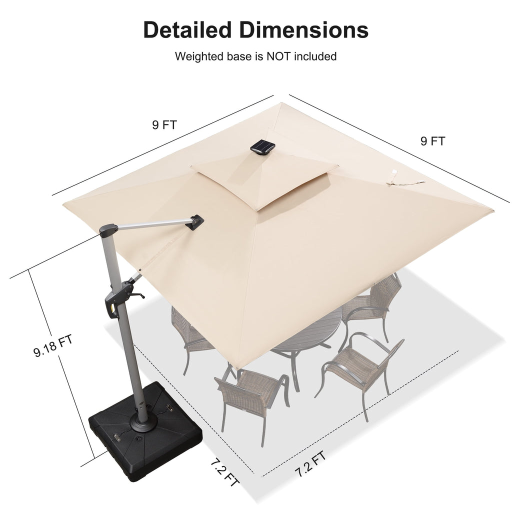 PURPLE LEAF 9 x 12FT Deluxe Rectangle Solar Powered LED Patio Umbrella with Base, Large Offset Cantilever Umbrella with 360° Rotation, Navy Blue
