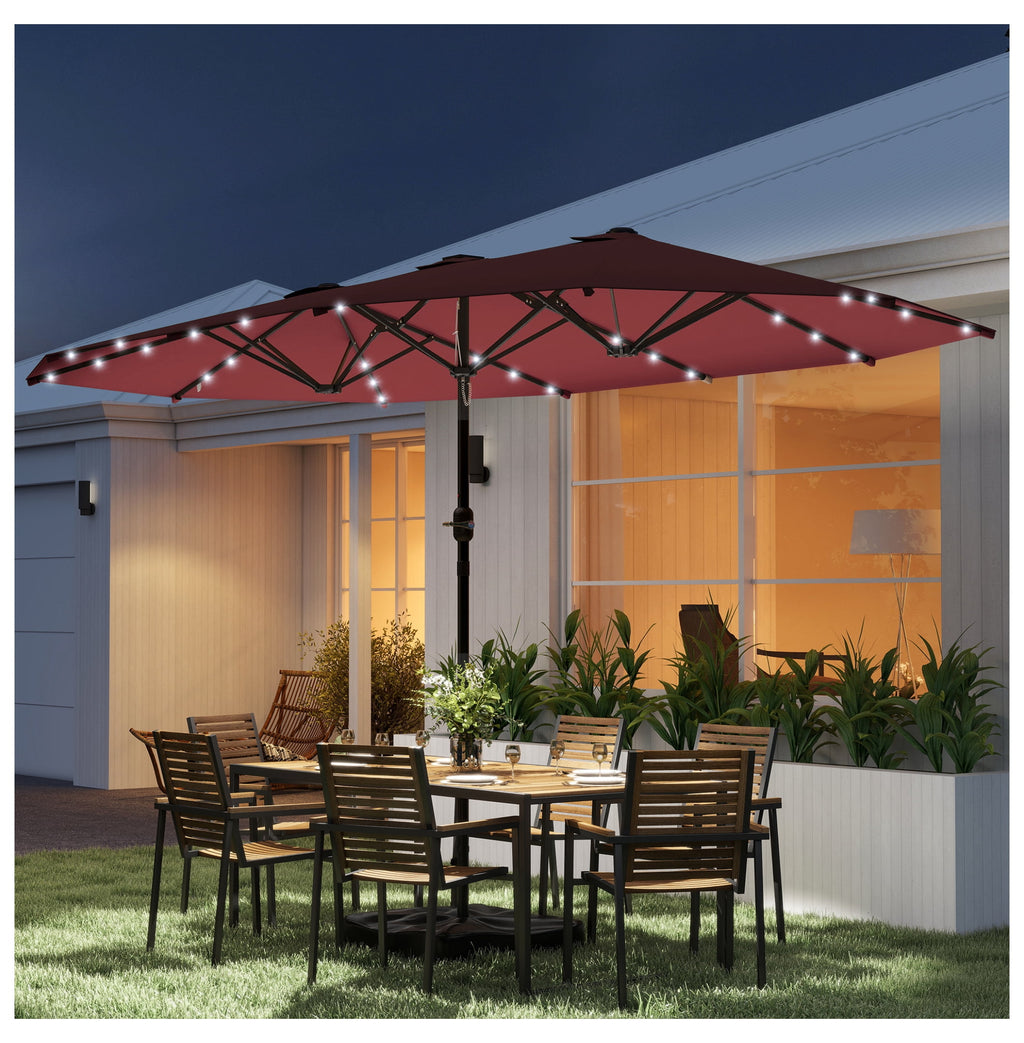Garden Parasol 14.4ft Double Canopy, Solar LED Patio Umbrella with Base, Wine Red, Outdoor Sun Shade with Crank, Large Steel Frame for Garden, Deck, Backyard