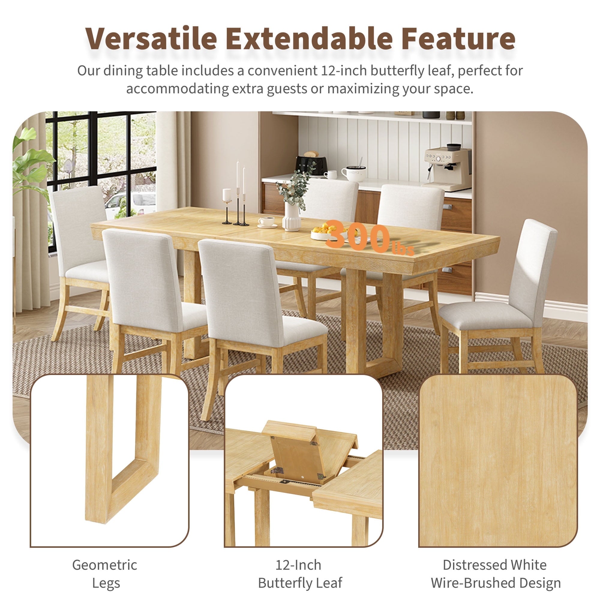 Harper & Bright Designs 7 Pieces Retro Dining Set for 6, Wood Rectangular Table with Designed Trestle Base and 6 Upholstered Chairs for Dining Room and Kitchen, Grey