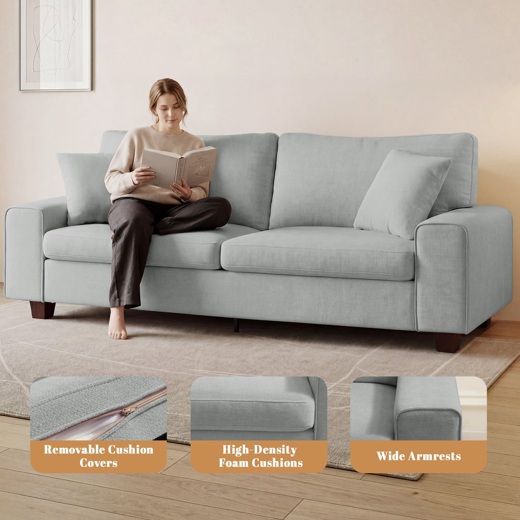 Poshby 88.58''W 3 Seater Sofa Couch with Chenille, Modern Square Arm for Living Room, Light Gray