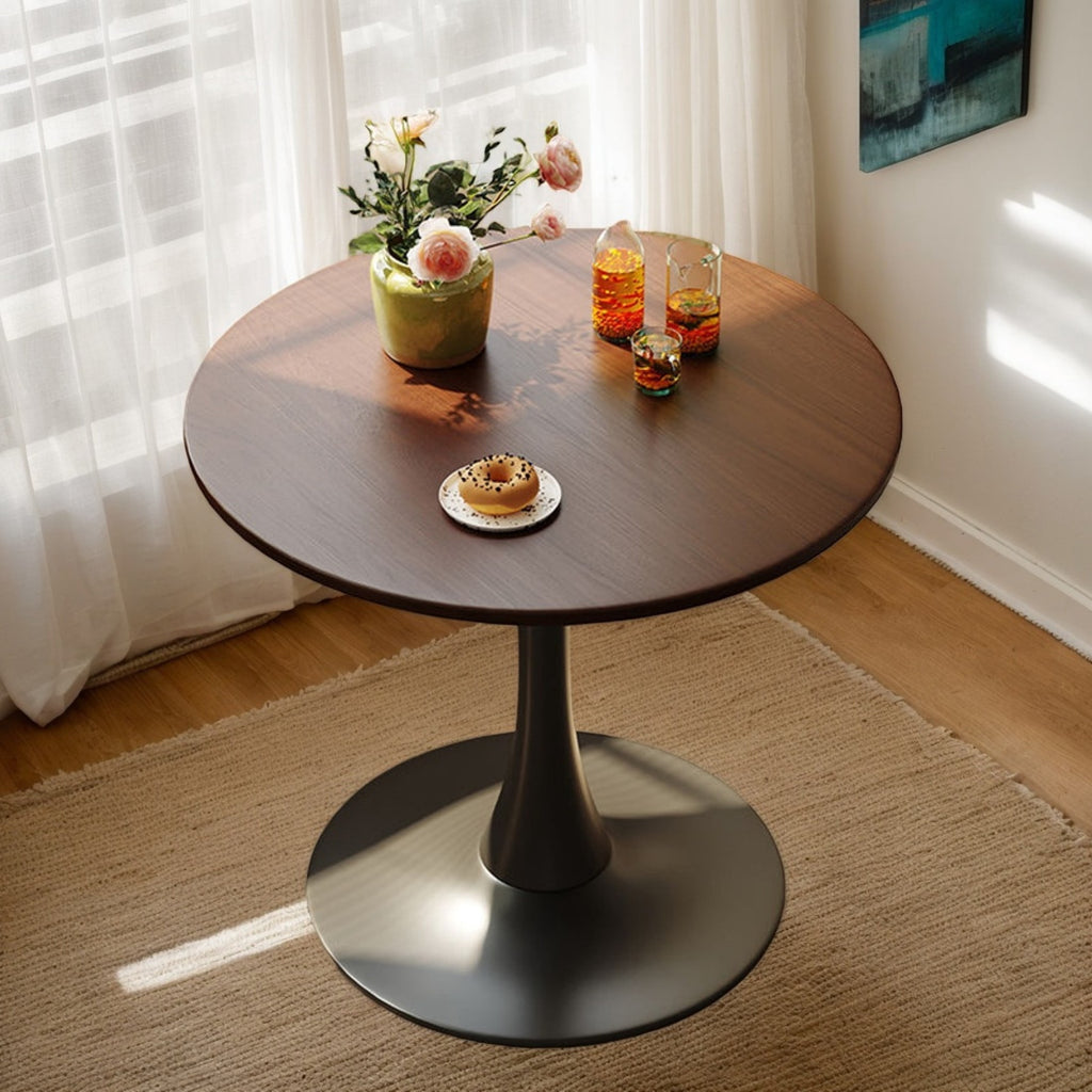 GDF Studio 24 Round Modern Dining Table, Wooden Top Tulip Table with Steel Pedestal Base, Kitchen Table, Walnut