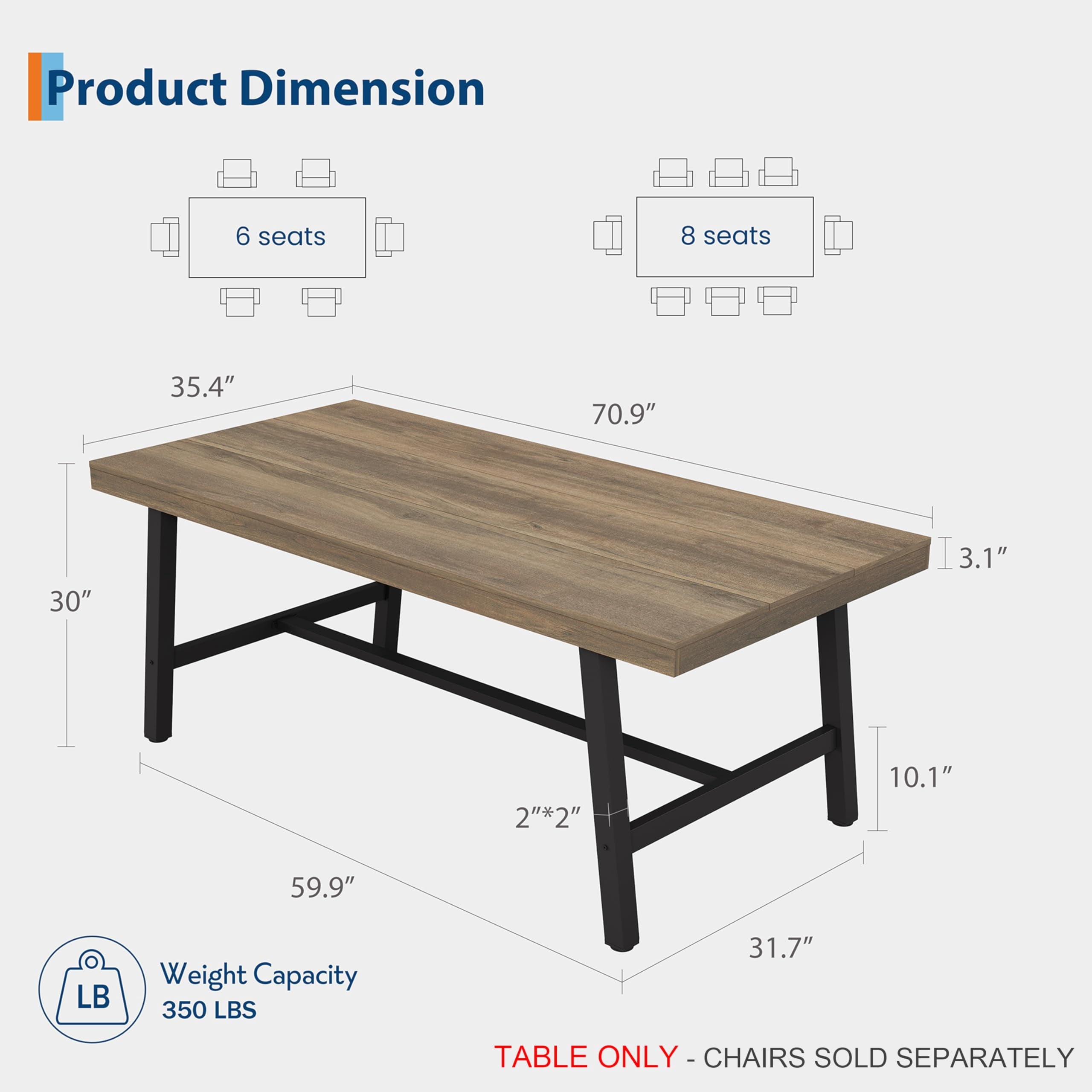70.87 Inch Long Large Rectangle Dining Table for 6-8 People, Modern Kitchen Dining Room Table with Rustic Wooden Tabletop & Strong Metal frame(Only Gray Walnut Table)