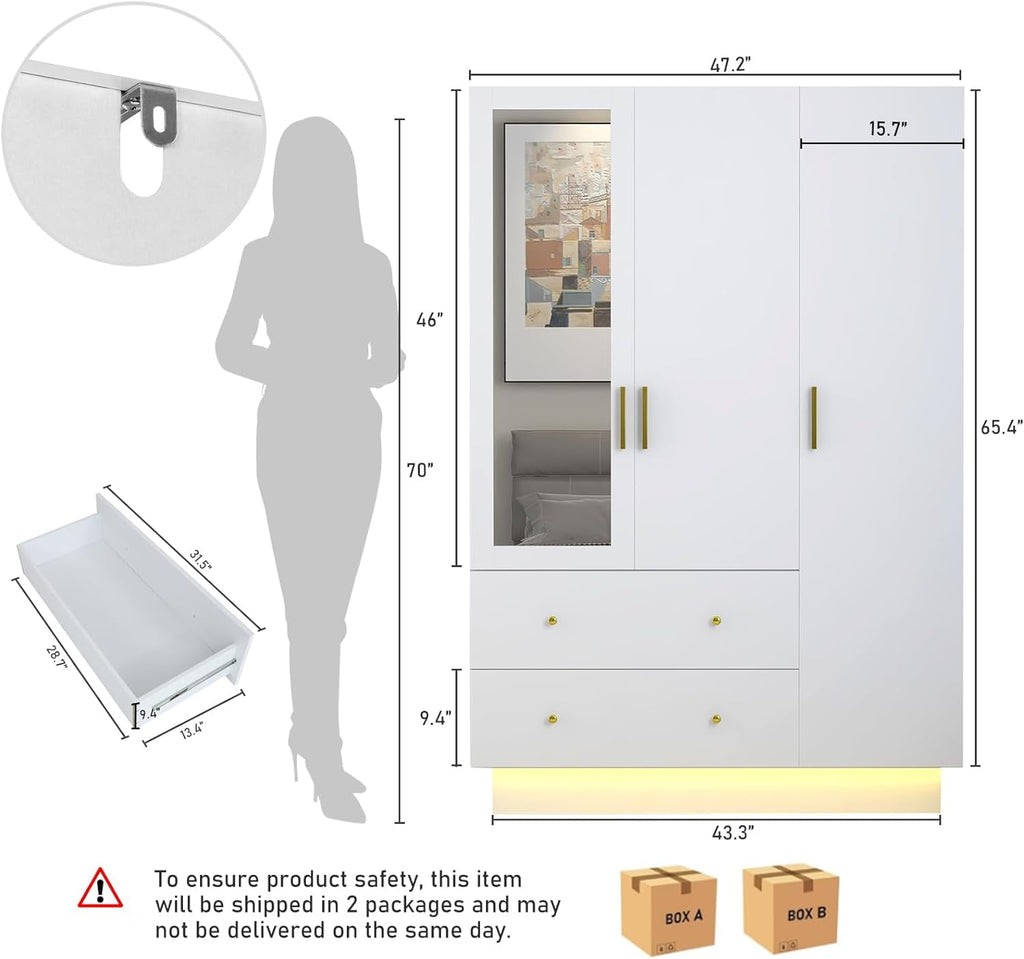 Blotout 70 Armoire Wardrobe Closet with Mirror, LED Wardrobe Armoire with 2 Drawers, 3 Door Wood Armoire Storage with Hanging Rods and Multi-Layer Shelves