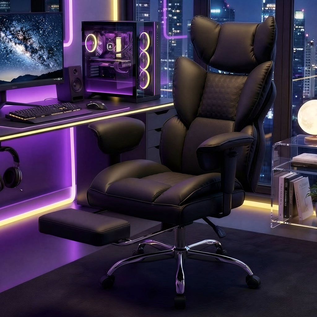 CONCETTA Ergonomic Office Chair 400LBS for Big & Tall, Heavy Duty Desk Chair with Reclining Back, Footrest, Luxurious PU Leather, Black