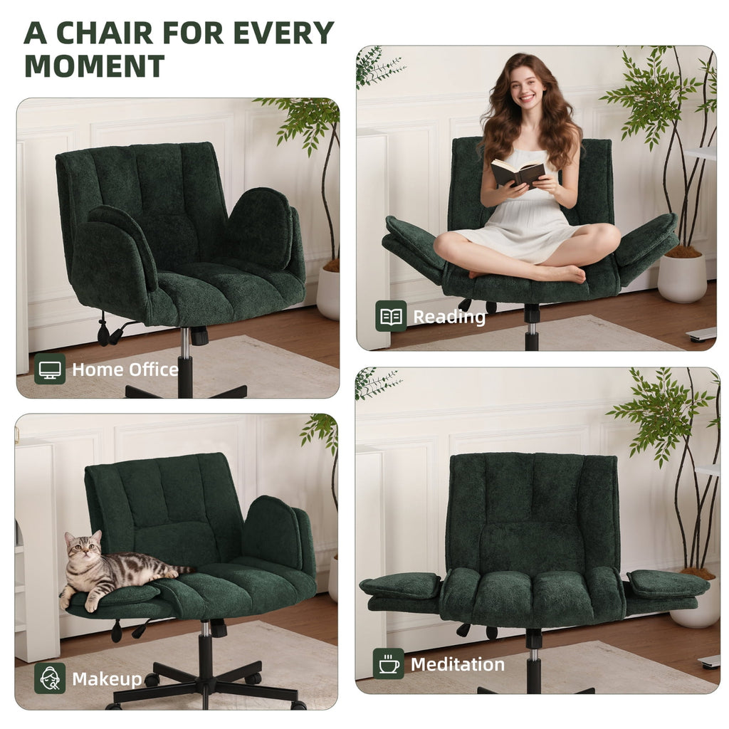 Cross Legged Office Chair with Wheels & Dynamic Airbag Lumbar Support, Criss Cross Wide Seat, 5-Position Fold-Down Armrests, Swivel Vanity Chair for Home Office, Dark Green