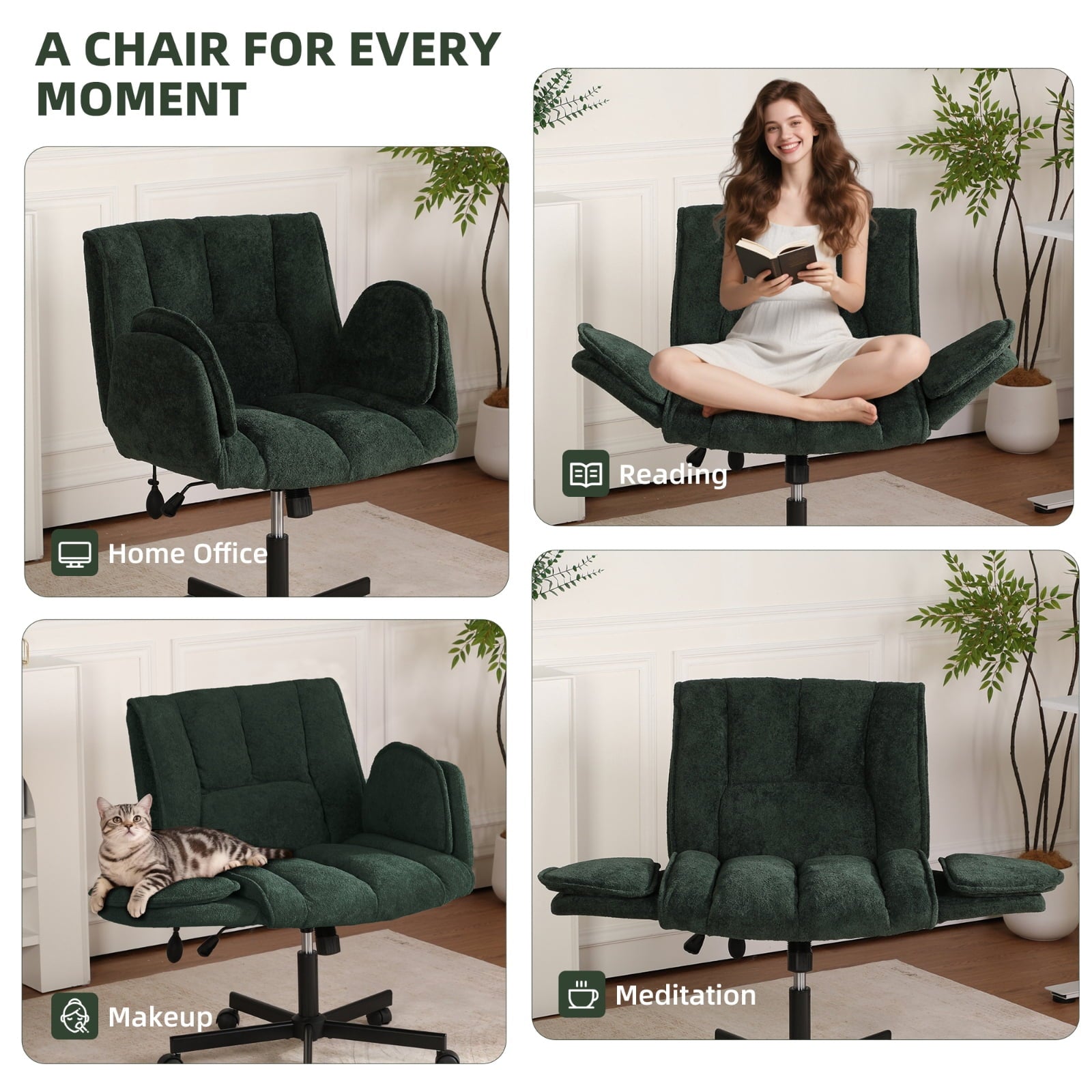 Cross Legged Office Chair with Wheels & Dynamic Airbag Lumbar Support, Criss Cross Wide Seat, 5-Position Fold-Down Armrests, Swivel Vanity Chair for Home Office, Dark Green