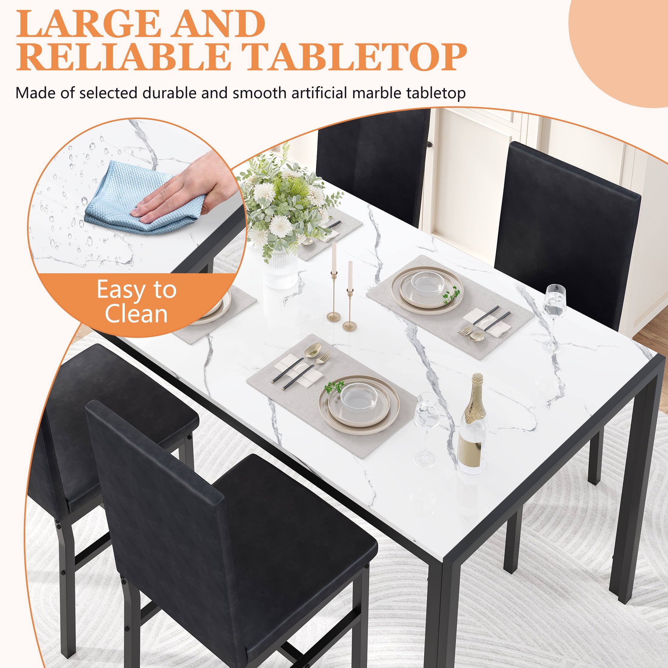 UHOMEPRO Dining Table Set for 4, 5 Piece Dining Room Table Set with Gray Velvet Upholstered Chairs, White Faux Marble Pattern Rectangle Kitchen Table Set for Breakfast Nook Small Space