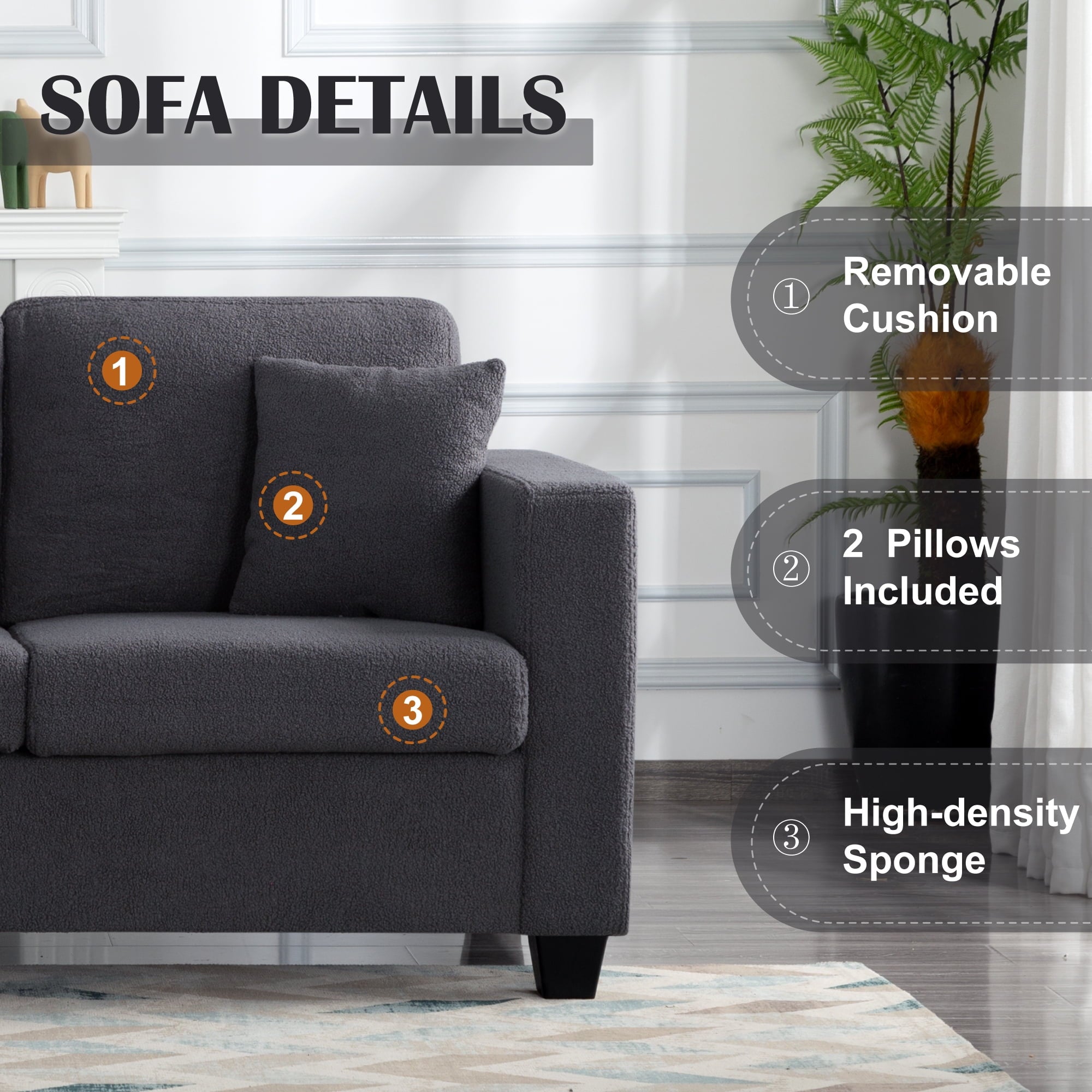 Gewnee 86.6 Modern Sofa Couch,Teddy Velvet 3 Seaters Comfy Couch with Deep Seat for Living Room,2 Pillows,Beige