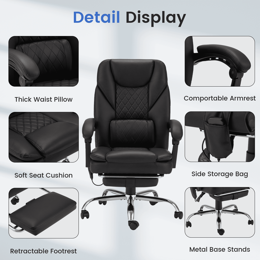 HOMREST Ergonomic Office Chair with 6-Point Massage & Heating, Adjustable Executive Desk Chair with Retractable Footrest, PU Leather Home Office Desk Chair for Home & Office (Black)