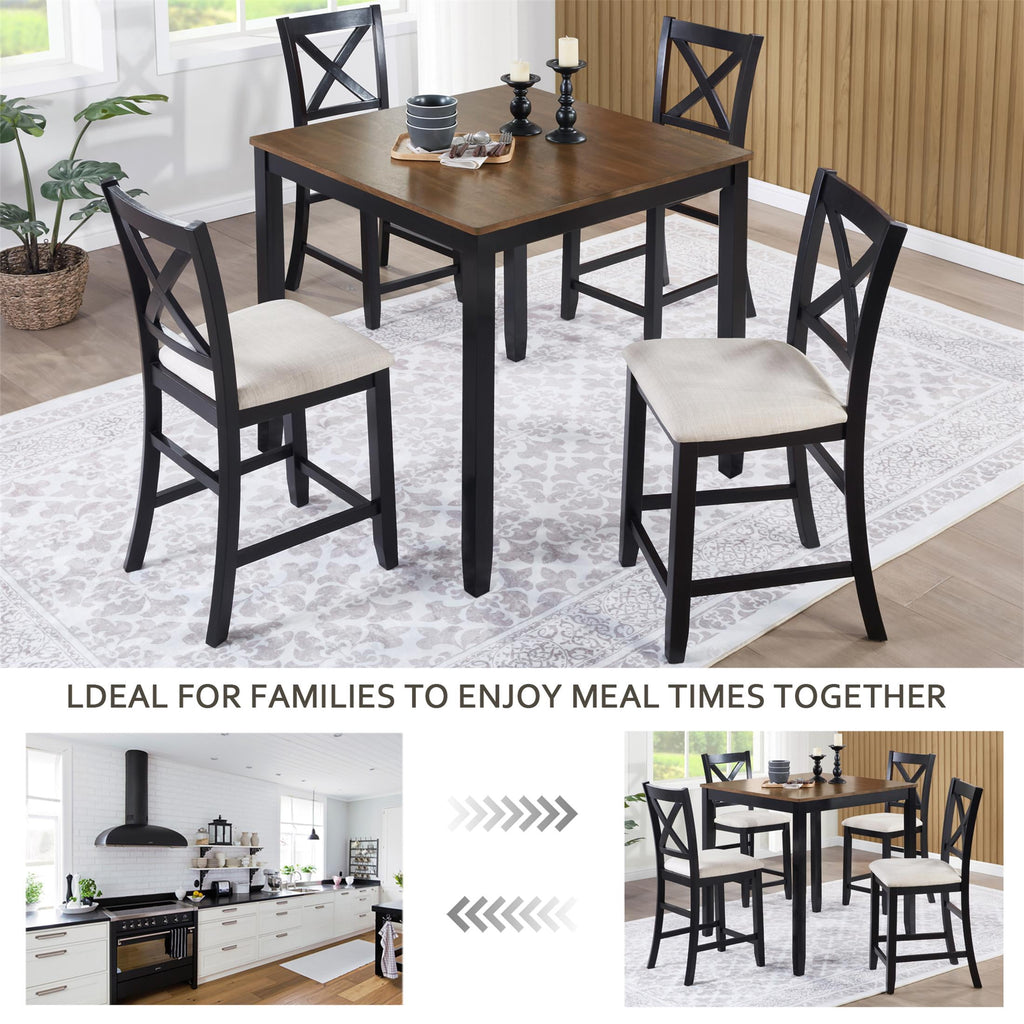 SESSLIFE Dining Table Set for 4, Counter Height Kitchen Table Set with Square Table and 4 Upholstered Chairs, Solid Wood Dining Room Set for 4, Space-Saving, Black & Oak