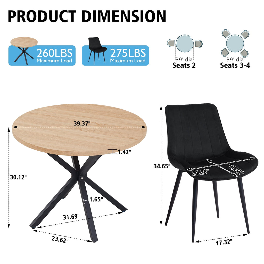 5 Piece 39 Round Dining Table Set for 4, Mid Century Kitchen Table with 4 Khaki Fabric Upholstered Dining Chairs for Apartment Living Room, Space Saving Table.