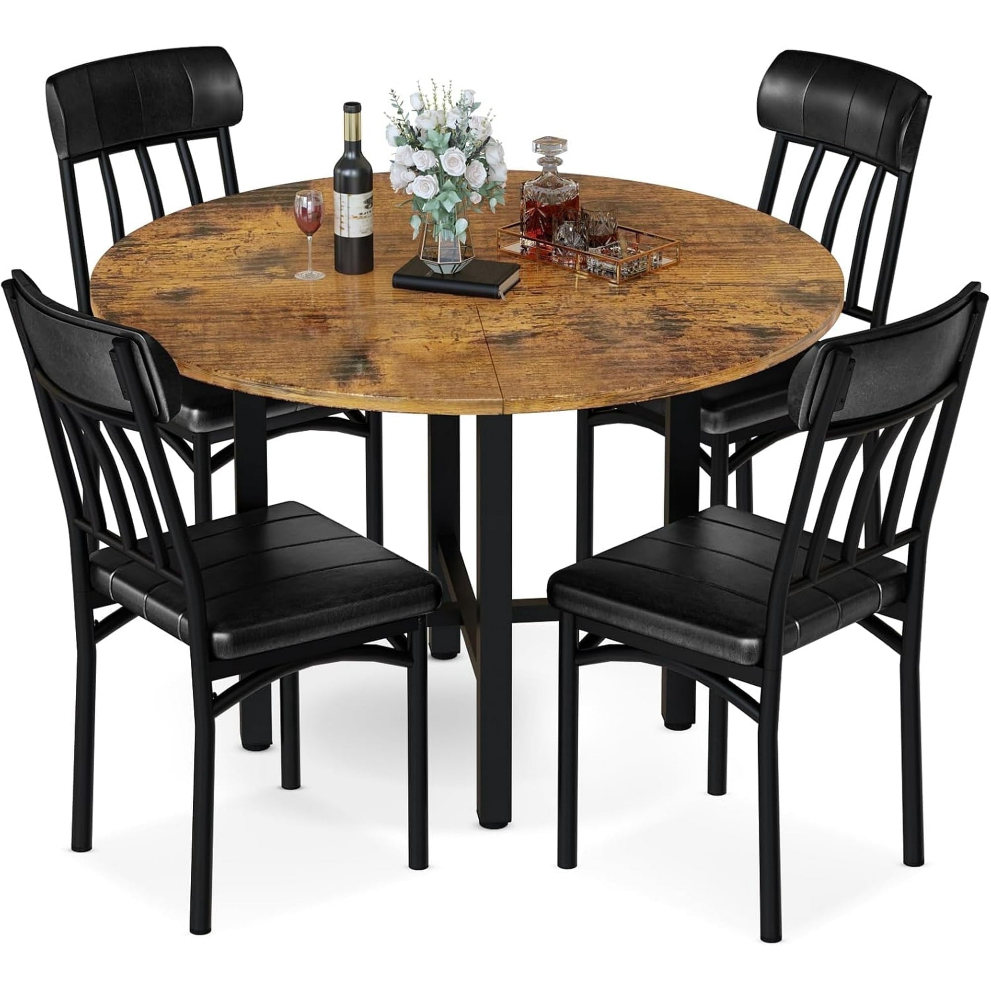 MIERES Round Dining Table Set for 4,Wood Round Kitchen Table and Chairs Set for 4,Modern Dining Room Table Set with 4 Faux Leather Chairs,Round Dinner Table for Small Space Gray
