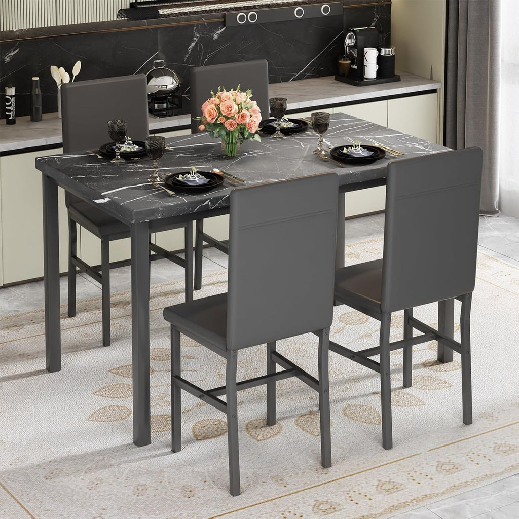 MIERES 5 Piece Dinning Table Sets for 4, Marble Kitchen Table and Chairs for 4,Dining Room Table Set with PU Leather Chairs,Faux Marble Dining Set for Small Spaces,Living Room,White+Brown