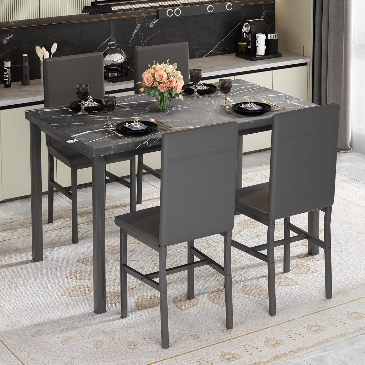 MIERES 5 Piece Dinning Table Sets for 4, Marble Kitchen Table and Chairs for 4,Dining Room Table Set with PU Leather Chairs,Faux Marble Dining Set for Small Spaces,Living Room,White+Brown