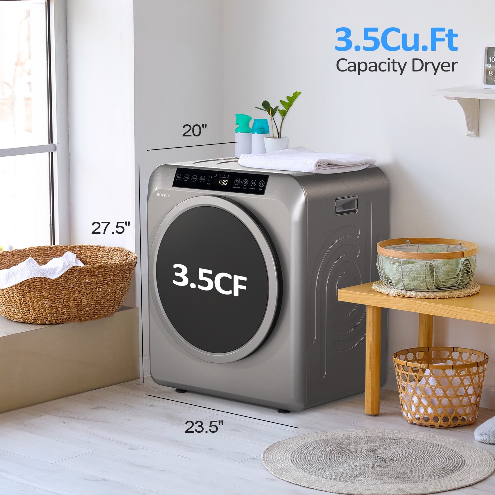 VINGLI 13.2LB Portable Clothes Dryer, 3.5 Cu.Ft Front Load Laundry Electric Tumble Dryer with LCD Touch Screen, UV Disinfection for Apartment, Home, Dorm-110V, Luxury Grey