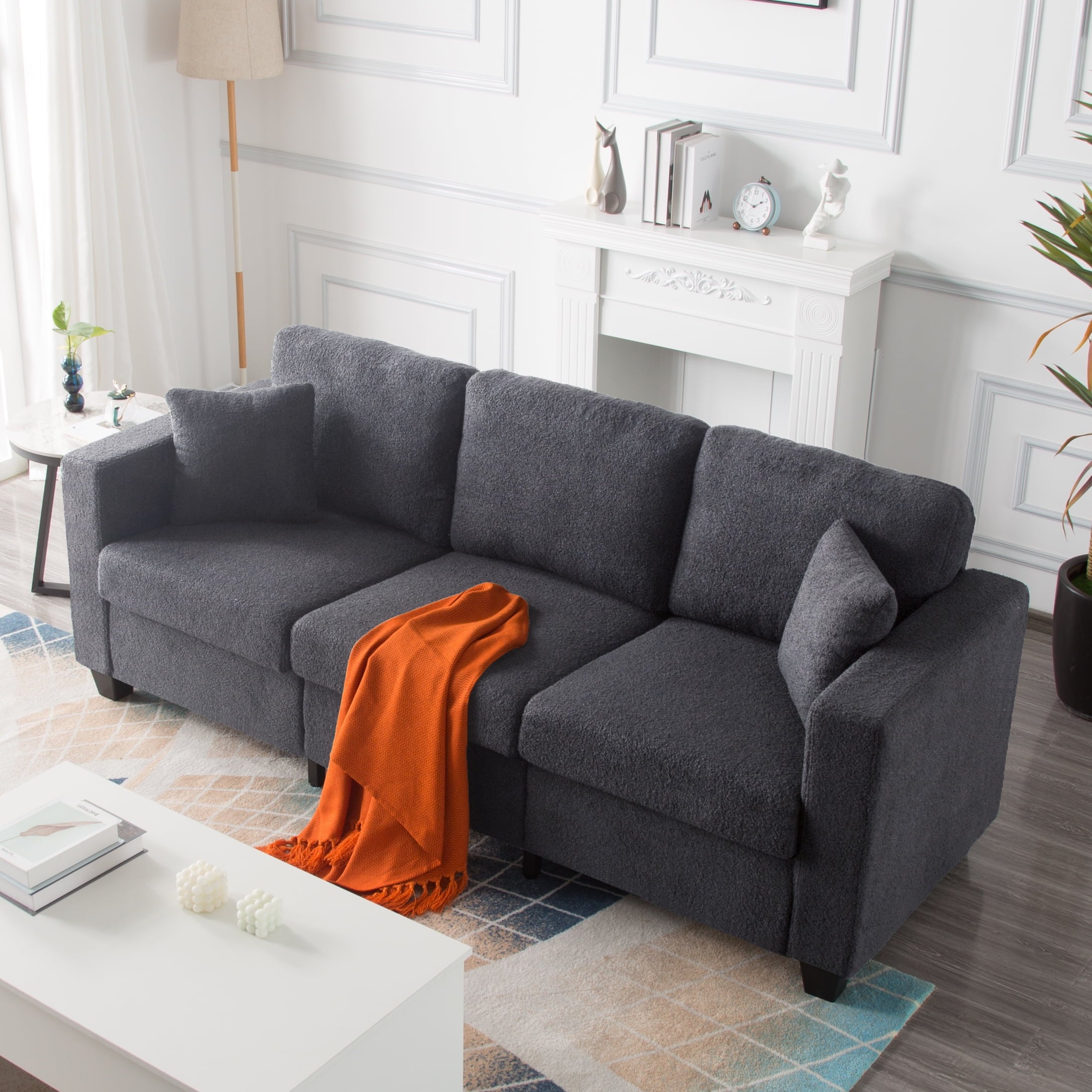 Gewnee 86.6 Modern Sofa Couch,Teddy Velvet 3 Seaters Comfy Couch with Deep Seat for Living Room,2 Pillows,Beige