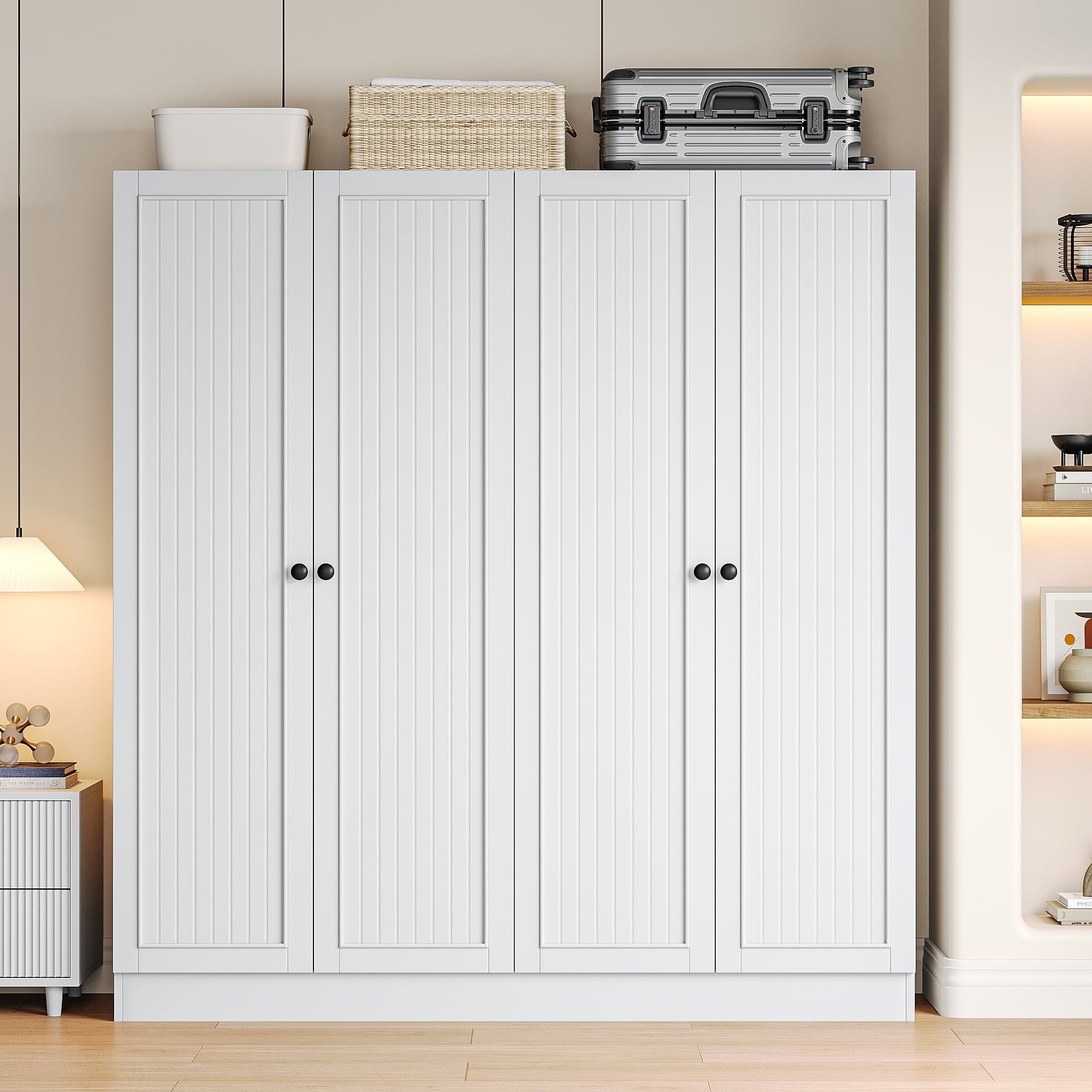 Virans  4 Door Armoire Wardrobe Closet with 2 Drawers,Adjustable Shelves & Hanging Rods,63 W Wood Clothes Cabinet Organizer for Bedroom,White