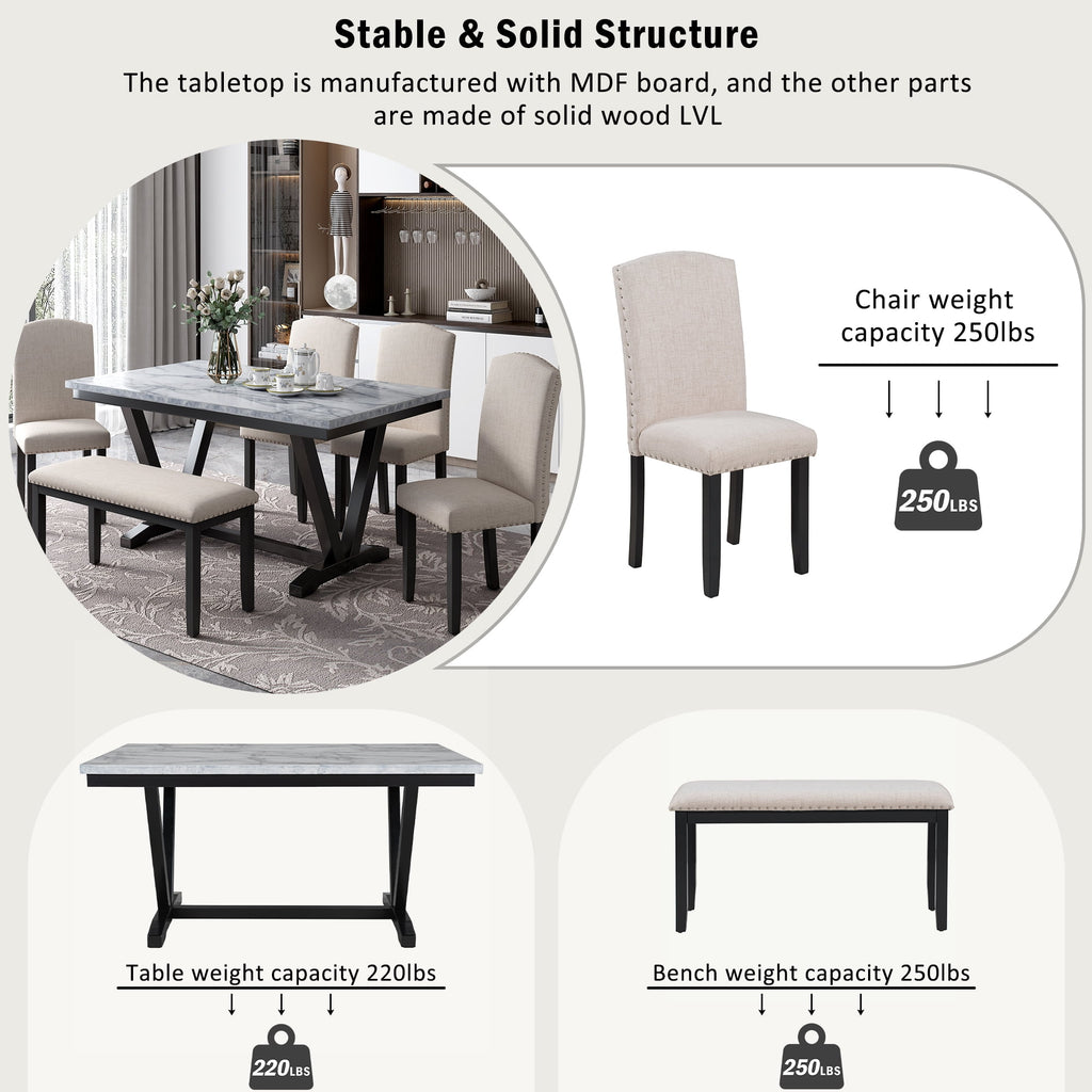 Harper & Bright Designs Dining Table Set for 6 with Bench Rectangular Table and 4 Upholstered Chairs for Kitchen, Gary