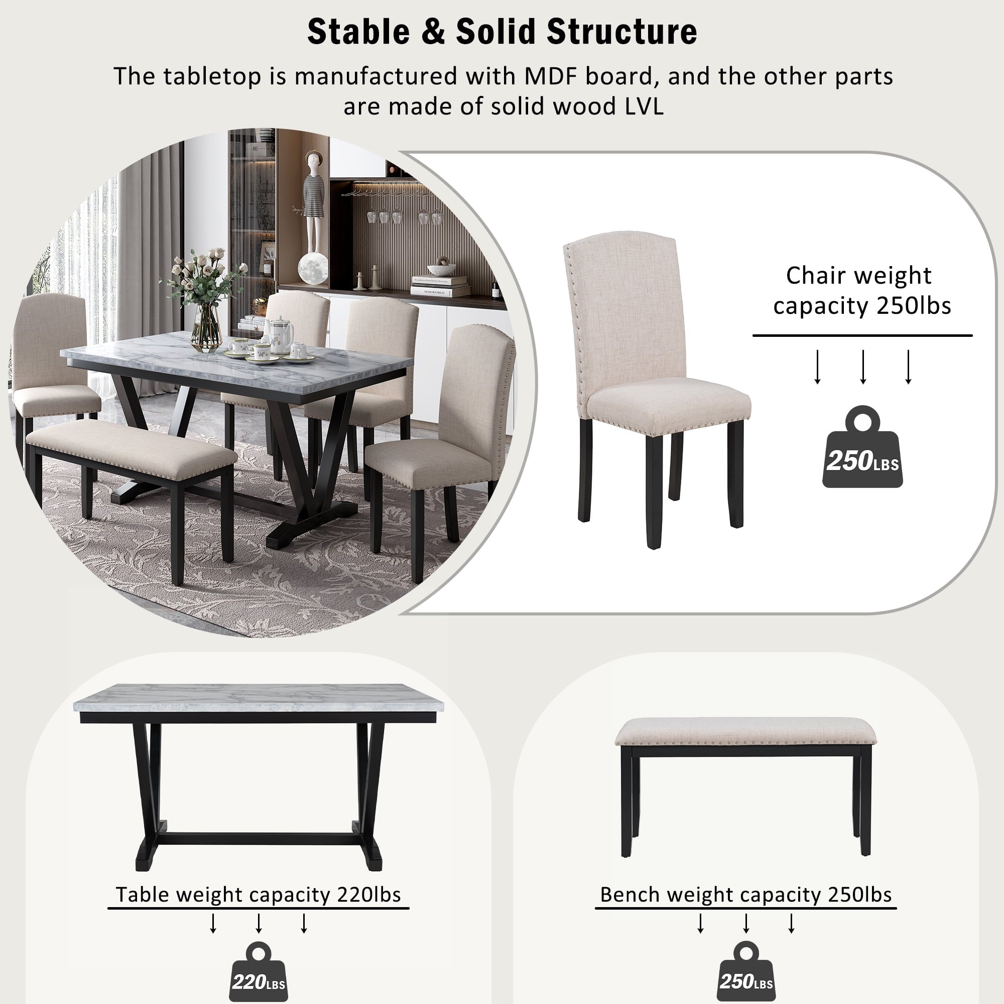 Harper & Bright Designs Dining Table Set for 6 with Bench Rectangular Table and 4 Upholstered Chairs for Kitchen, Gary