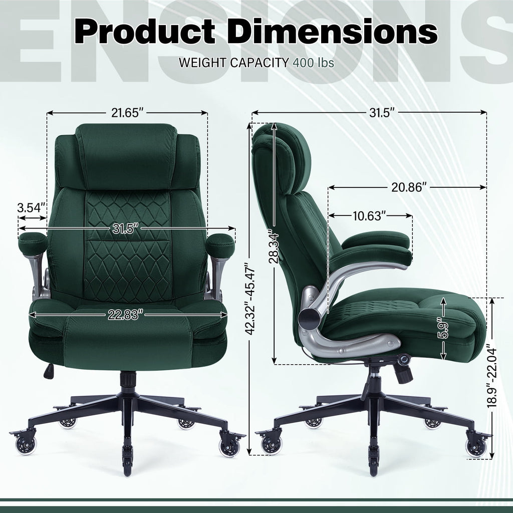 High Back Office Chair with Lockable Wheels, 400lbs Large Fabric Executive Desk Chair, Adjustable Lumbar Support Flip up Arms, Ergonomic Home Office Computer Chair with Storage Pocket, Black