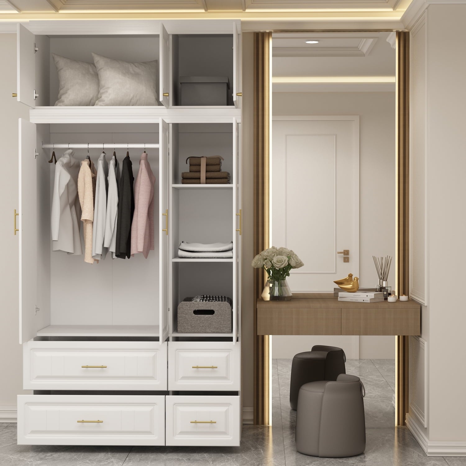 OxyLife 2 Door Wardrobe Armoire, White Closet Storage Organizer with Drawers and Shelves