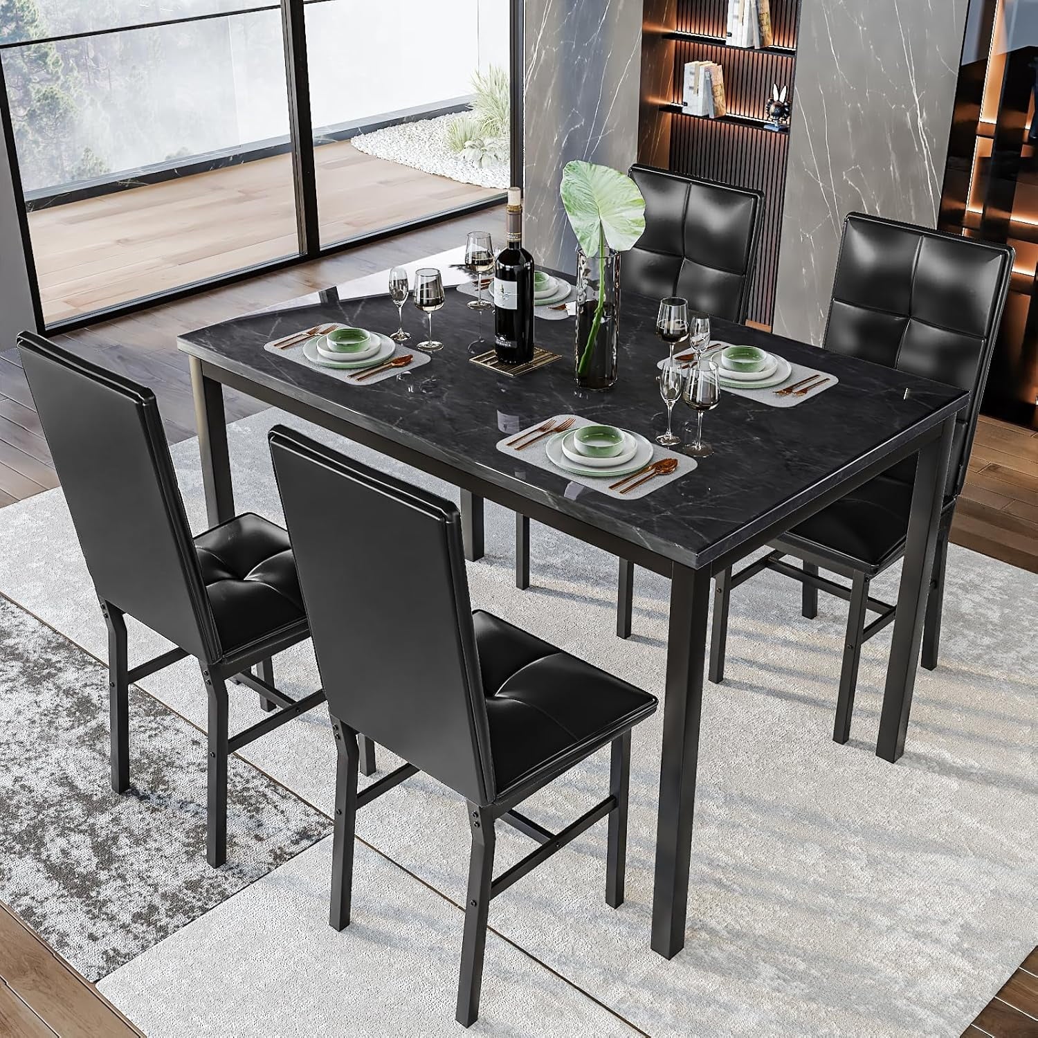 LinkRomat Dining Table Set for 4, Modern Faux Marble Tabletop and 4 PU Leather Upholstered Chairs, Kitchen Table and Chairs for Dining Room Breakfast Nook, Gray