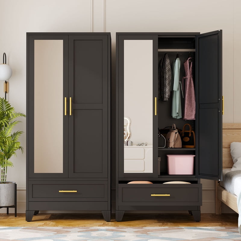 Ero Metal Freestanding Armoire Wardrobe Closet with Hanging Rod and Mirror
