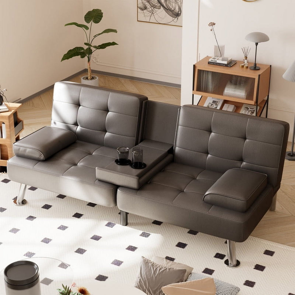 Furmax 3-in-1 Futon Sofa Bed Convertible Couch – Faux Leather Recliner with Cup Holders for Living Room, Apartment & Small Space, Black