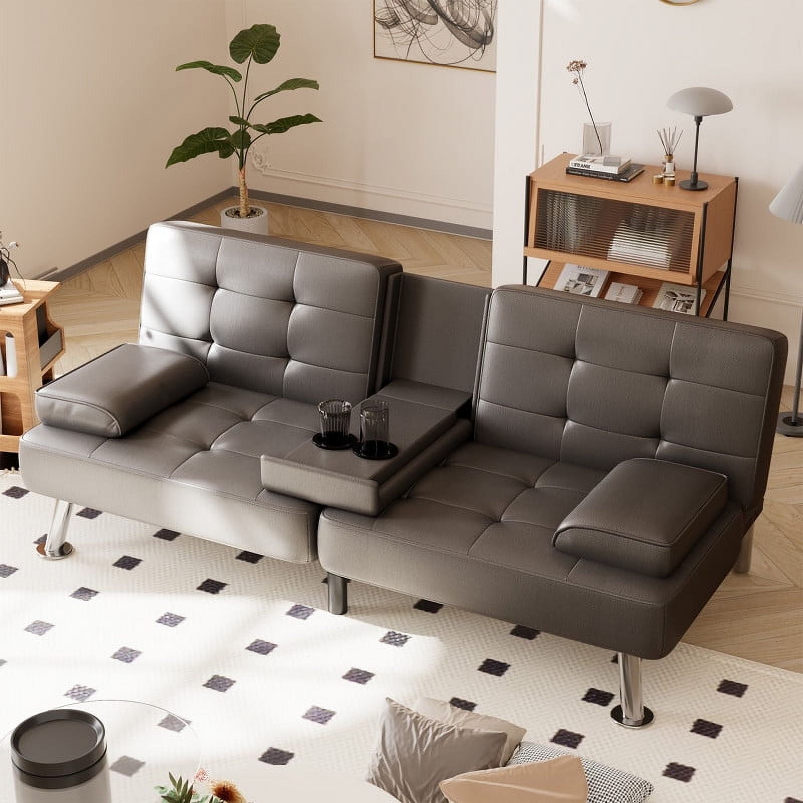 Furmax 3-in-1 Futon Sofa Bed Convertible Couch – Faux Leather Recliner with Cup Holders for Living Room, Apartment & Small Space, Black