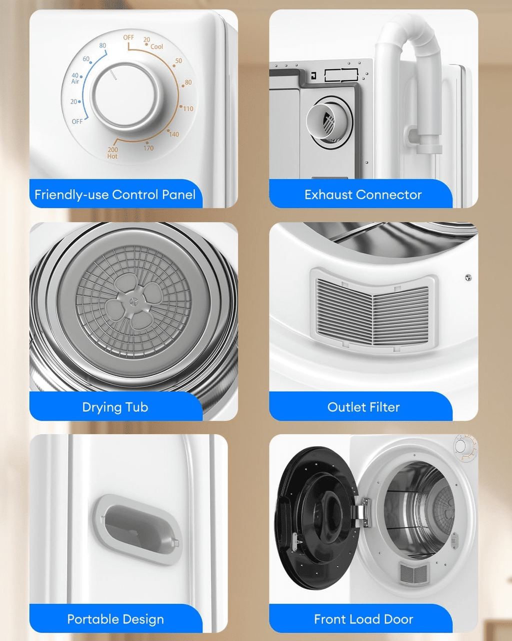DISHUP 2.6 Cu.Ft Portable Clothes Dryer, 10 lbs Compact Dryer with Stainless Steel Tub, Electric Dryer for RV, Home, Apartment, White