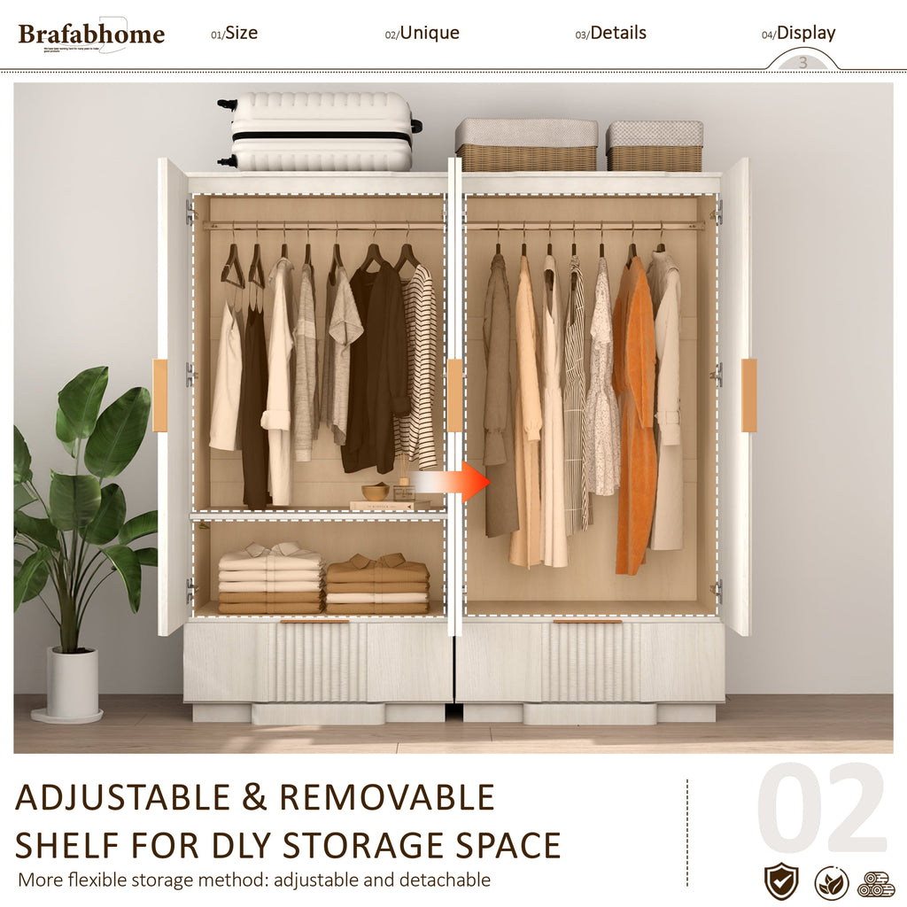Brafabhome 67H Fluted Armoire Wardrobe Closet with Drawer, Wooden 2 Doors Wardrobe Cabinet with Hanging Rod & Adjustable Shelf for Bedroom | Nature